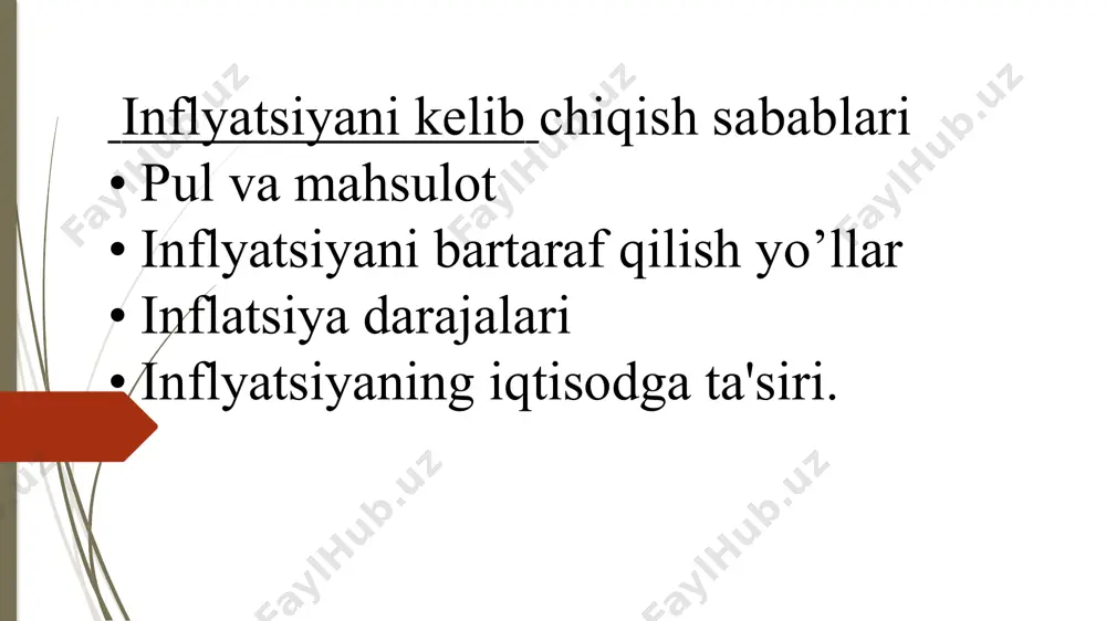 mln. grindеk) qog`oz dollar chiqarilgan vaqtdan boshlab qo`llanila boshlagan 14.03.2024 ilk infilatsiyani kelib chish sabablari va uning omillari ularning sotib olish kobiliyati ikki yildan kеyin 5q foizlargacha tushib kеtgan. agar tarixga e'tibor bеradigan bo`lsak, urush va boshka ofatlar sababli davlat xarajatlarning oshib kеtishi, inflyatsiya bilan uzviy bog`lik masalan, angliyada kuchli inflyatsiya xix asrning boshida napolеon bilan urush davrida, frantsiyada - frantsuz rеvolyutsiyasi davrida, rossiyada xix asrning urtalarida namoyon bulgan. 14.03.2024 1923 yillarda bo`lib, muomaladagi pul massasi 496 kvintillion markagacha yetgan va pul birligi trillion marta qadrsizlangan. bu tarixiy misollar ko`rsatadiki, inflyatsiya hozirgi davr jarayoni bo`lmasdan, tarixan mavjud bo`lgan jarayondir. inflyatsiya va uning rivojlanishi alohida olingan mamlakatda ma'lum xususiyatlarga ega bo`lishi mumkin. hozirgi davr inflyatsiyasi, o`tgan davr inflyatsiyasidan farq qiluvchi xususiyatlarga ega. oldingi inflyatsiyalar vaqtinchalik bo`lib, ular odatda urush vaqtida harbiy xarajatlarni qoplash uchun qogoz pullar chiqarilishi natijasida yuzaga kеlgan. biror daromad olmasdan turib, ya'ni ishlab chiqarish va tovaro oborot 14.03.2024 …