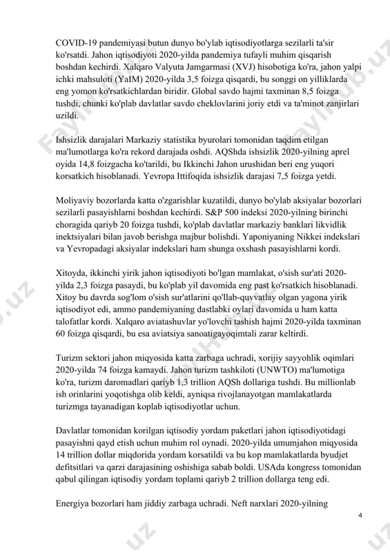 aydi. jahon turizm tashkiloti (unwto) ma'lumotiga ko'ra, turizm daromadlari qariyb 1,3 trillion aqsh dollariga tushdi. bu millionlab ish orinlarini yoqotishga olib keldi, ayniqsa rivojlanayotgan mamlakatlarda turizmga tayanadigan koplab iqtisodiyotlar uchun. davlatlar tomonidan korilgan iqtisodiy yordam paketlari jahon iqtisodiyotidagi pasayishni qayd etish uchun muhim rol oynadi. 2020-yilda umumjahon miqyosida 14 trillion dollar miqdorida yordam korsatildi va bu kop mamlakatlarda byudjet defitsitlari va qarzi darajasining oshishiga sabab boldi. usada kongress tomonidan qabul qilingan iqtisodiy yordam toplami qariyb 2 trillion dollarga teng edi. energiya bozorlari ham jiddiy zarbaga uchradi. neft narxlari 2020-yilning bahorida bir barrel uchun 20 dollar ma'nosiga tushib ketdi, chunki talab keskin tushib ketdi. shu vaqtda, opec+ davlatlari neft ishlab chiqarishni qisqartirish bo'yicha kelishuvga erishishga majbur bolishdi. pandemiya jahon iqtisodiyotiga qattiq zarar yetkazgani bilan bir vaqtda, u raqamli iqtisodiyotning rivojlanishiga turtki berdi. onlayn savdo, masofaviy ish va elektron tijorat sohalariga talab keskin oshdi. 2020-yilda global elektron tijorat bozori qariyb 4 trillion …