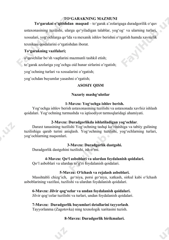 buyumlari detallarini tayyorlash. 2 8 duradgorlik birikmalari. 2 9 buyumlar yuzasiga qoplamalar yopishtirish. 2 10 yog‘ochdan uy-ro‘zg‘or buyumlari tayyorlash. 4 11 tayyorlanmaning eskizini chizish va texnologik xarita asosida buyumni tayyorlash. 4 jami: 34 amaliy mashg‘ulotlar amaliy mashg‘ulotlarga tavsiya etilgan mavzular: yog‘ochga qo‘lda ishlov berishni o‘rganish. duradgorlikda ishlatiladigan yog‘och turlari va ularda ishlashni o‘rganish duradgorlik dastgohidagi xavfsizlik texnikasi qoidalarini o‘rganish va ularni ishlatishga tayyorlash qo‘l asboblari va ulardan foydalanish qoidalari o‘rganish hamda amalda ish bajarish o‘lchash va rejalash asboblari bilan tanishish va amalda ish bajarish jilvir qog‘oz turlari va undan foydalanish qoidalarini shrgani hamda ish jarayonida sinash shakldor buyumlar yasashni o‘rganish duradgorlik birikmalari turlarini o‘rganish va birikmalar tayyorlash buyumlar yuzasiga qoplamalar tayyorlashni o‘rganish yog‘ochdan osh taxta yasashni o‘rganish juva yasashni o‘rganish kichik hajmli belanchak yasashni o‘rganish chekich yasashni o‘rganish o‘z ixtiyori bo‘yicha texnologik xarita tuzishni o‘rganish o‘z ixtiyori bo‘yicha buyum yasashni o‘rganish nazariy mashg‘ulot mavzulari taqsimoti № mavzular nomi ajratilgan soatlar …