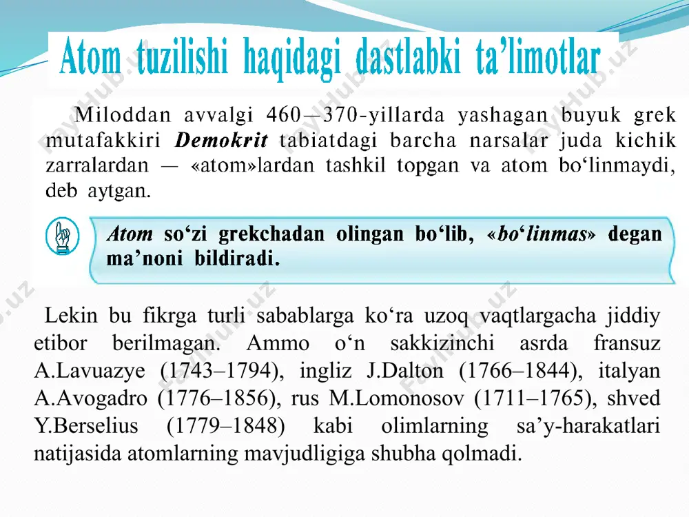 i qo`llamay turib, o`ta mitti bosma platalar, integral sxemalar va mikroelektron texnikaning boshqa elementlarini tayyorlab bo`lmaydi. yarim o`tkazgichli lazer diodlar. eng keng tarqalgan lazer turlari lazerli ko`rsatkichlar, lazerli printerlarda foydalaniladi, telekommunikatsiyalarda va optik axborot tashuvchilarda qo`llaniladi. samolyotning qo’nishi oldidan lazerdan foydalanish qo`nish oldidan lazerdan foydalanish samolyot uchun ob havo yomon paytlarda qo`l keladi chunki samolyot qo`nish chog`ida traektoriya bo`ylab silkinishlar bo`lishi kuzatiladi. lazer nurlari esa uchuvchiga qo`nish yo`lakchasini aniq ko`rishiga yordam beradi. atom yadrosi haqida umumiy ma’lumotlar. fizikaning eng yosh bo’limlaridan biri yadro fizikasidir. hozirgi vaqtda bu sohada olingan natijalar ilmiy va amaliy jihatdan nihoyatda muhimdir. yadrolarni va yadro ichidagi jarayonlarni tekshirish amalda yadro energiyasidan foydalanishga olib kelganligini ko’rsatib o’tishning o’zi yetarlidir. 1932 yilda d.d.ivanenko tomonidan aytilgan va hozirgi vaqtda hamma e’tirof qilgan gipotezaga muvofiq, barcha atom yadrolari tarkibiga faqat ikki xil elementar zarralar – protonlar va neytronlar kiradi. proton musbat zaryadga ega bo’lib, elektron zaryadiga teng (ya’ni, elementar zaryadga …