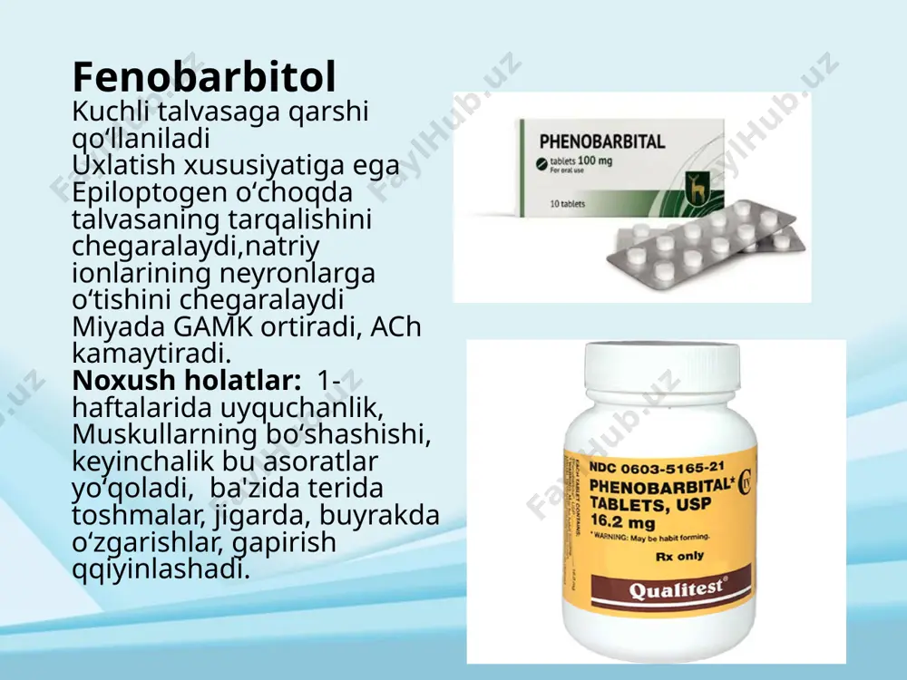 monoaminooksidaza) fermentining ingibitorlari bilan qo'llanilmaydi, chunki bu moddalar levodopa ta’sirini yo'qotishi (vitamin b6), oshirishi (mao ingibitorlari) yoki kamaytirishi (papaverin) mumkin. midantan- dofaminning neyronlardagi deposidan chiqishini, dofaminergik retseptorlaming dofaminga nisbatan sezuvchanligini oshiradi. ba’zi ma’lumotlarga ko'ra, midantan markaziy nerv sistemasining motor neyronlaridan impulslar tarqalishini ozaytiradi. midantan qo'llangach, ta’siri birinchi kunlardanoq boshlanadi, akineziya va qaltirash kamayadi. bemorlar midantanni yaxshi ko'taradilar, ba’zilarida bosh og'rig'i, uyqusizlik, bosh aylanishi, dispeptik holatlar sodir bo'ladi. midantanni jigar, buyrak kasalliklarida, homiladorlikda qo'llash man etiladi. siklodol markaziy xolinolitiklardan bo'lib, markaziy nerv sistemasida joylashgan xolinoretseptorlami falajlab, atsetilxolinni ta’sirini kamaytiradi, ikkita mediator - dofamin hamda atsetilxolinni ta’siri tenglashadi, xolinergik ta’sirot kamayadi, natijada, mushaklar tortilishi, harakatlar cheklanishi kamayadi, qaltirashga deyarli ta’sir qilmaydi. siklodol parkinsonizm kasalligida, neyroleptiklami davomli qo'llash tufayli kelib chiqqan parkinsonizm hollatlarida ham qo'llanadi. salbiy ta’sirlari bu moddaning periferik xolinoretseptorlarga ta’siri bilan bog'liq: og'iz qurishi, akkomodatsiyaning o'zgarishi, pulsning tez urishi kuzatiladi. miqdori oshganda psixomotor qo'zg'alish, gallutsinatsiyalar yuzaga keladi, glaukoma, taxiaritmiyalarda qo'llash man …