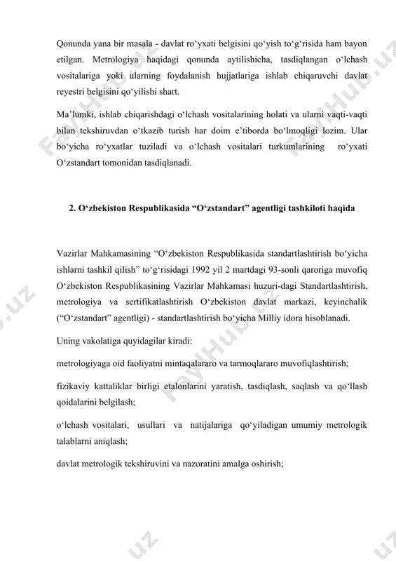 ifikatlashtirish milliy idorasi quyidagi asosiy yo‘nalishlar bo‘yicha o‘z faoliyatini amalga oshirmoqda: respublikada sertifikatlashtirishni qo‘llash va takomillashtirishning umumiy siyosatini ishlab chiqish, qonun chiqaruvchi va ijro etuvchi tegishli davlat idoralari bilan aloqalarni o‘rnatish; sertifikatlashtirish masalalari bo‘yicha boshqa mamlakat va xalqaro tashkilotlarning vakillari bilan, o‘zaro kelishilgan asosda aloqalarni o‘rnatish, kerak bo‘lsa, bu tashkilotlar faoliyatida o‘zbekiston respublikasining qatnashishini ta’minlash; sertifikatlashtirishda yagona qoida va ish tartiblarini belgilash, bularga rioya qilishning nazorati, sertifikatlashtirish natijalari bo‘yicha hujjatlarni axborotli ma’lumot bilan ta’minlash. vazirlar mahkamasining 2002 yil № qarorini bajarish yo‘lida “o‘zstandart” o‘zining viloyat boshqarmalarini (smshm) tuzib, ularning ishlariga hartaraflama ko‘mak ko‘rsatmoqda. respublikadagi sinov laboratoriyalarini akkreditlash ishlari jadal qadamlar bilan amalga oshirilmoqda. farg‘ona, qo‘qon, qarshi, buxoro, samarqand shaharlaridagi sinov laboratoriyalari akkreditlanib, hozirda ular turli sinov amallarini o‘tkazmoqdalar. faqatgina farg‘onadagi sinov laboratoriyasida o‘tkazilgan sinovlar natijasiga ko‘ra “azot” ishlab chiqarish birlashmasi, quvasoy chinni zavodi, rishton kulolchilik mahsulotlari zavodi, “quvamebel” ishlab chiqarish birlashmasi mahsulotlari muvofiqlik sertifikatini olishga sazovor bo‘ldilar. “o‘zstandart” agentligi tarkibidagi …