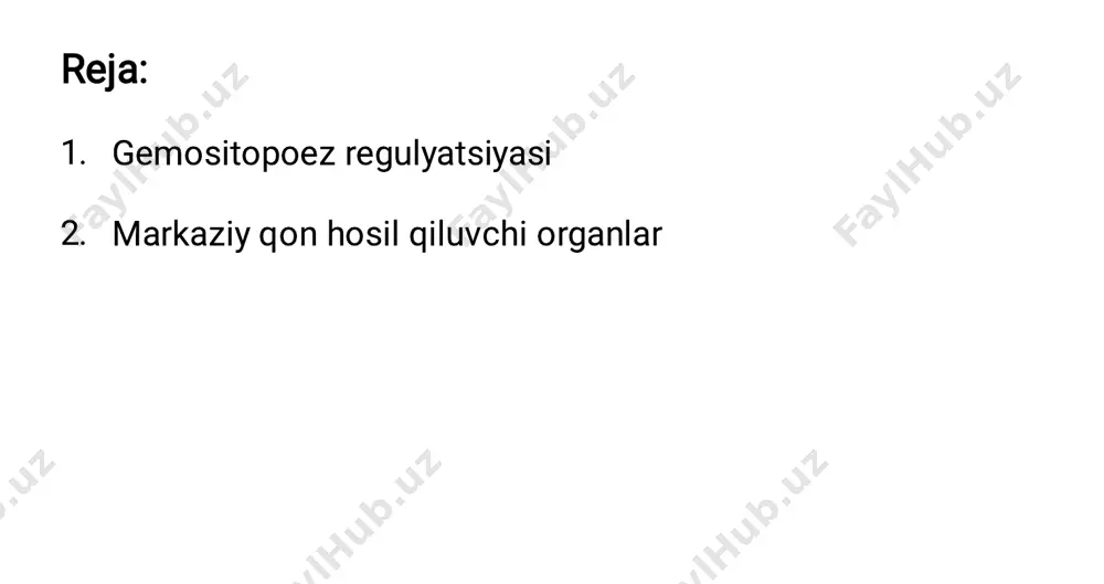 qaytar aloqa oraqali) nisbatan nospetsifik ingibitorlar – to`qima gormonlari prostaglantindinlar, interferonlar, shuningdek glukokortikoidlar bular limfopoezga kuchli qarshilik qiladi 1. 2. markaziy qon hosil qiluvchi organlar qizil suyak ko`migi ayrisimon bez 1. 2.  3. 4. har bir gemopoetik a`zo 4 komponentdan iborat: stroma gemal komponent turli rivojlanish bosqichidagi qon hujayralar makrofag qator hujayralar qon va limfa tomirlari       qizil suyak ko`migi gemal komponent – deyarli barcha qon hujayralarida saqlanadi(limfositar qatorning oxirgi hujayralaridan tashqari) eritropoetik orolchalar proeritroblast (iv sinf) eritroblastlar (v sinf) retikulotsit eritrotsitlar  1. 2. 3.  granulopoetik orolchalar 3 yo`nalishda bo`ladi: neytrofil bazofil eozinofil iv sinf hujayralar (miyeloblastlar) miqdori ko`p emas    promiyelotsit – birlamchi granulalarga ega miyelotsit ikkilamchi granulalar tutadi shu sababli 3 yo`nalishga ajraladi yadrosi yumaloq metamiyelotsit – yosh granulotsit – yadrosi loviyasimon tayoqcha yadroli hujayralar segment yadroli yetuk hujayralar       trombopoetik orolchalar megakarioblastlar …