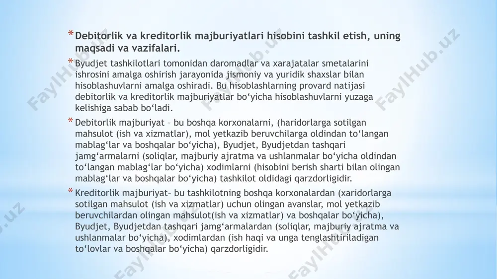 rlar bilan hisob-kitoblar xisobi. debitorlar va kreditorlarni hisobda aks ettirish uchun schyotlar rejasida quyidagi schyotlar belgilangan: 15 “turli debitor va kreditorlar bilan hisob-kitoblar”; 16 “byudjet va byudjetdan tashqari jamg‘armalar bilan hisob-kitoblar”; 17 “xodimlar va stipendiya oluvchilar bilan hisob-kitoblar”; 18 “boshqa hisob-kitoblar”. bu schyotlar aktiv-passiv schyotlar hisoblanib debet tomonidagi qoldiq summa debitorlik qarzni, kredit tomonidagi qoldiq summa kreditorlik qarzdorlikni bildiradi. byudjet tashkilotlarida turli debitor va kreditorlar bilan hisoblashuvlarda mol yetkazib beruvchilar va pudratchilar bilan maxsulot (ish va hizmatlar) yetkazib berish bo‘yicha, xaridor va buyurtmachilar bilan mahsulot (ish va hizmatlar)ni sotish bo‘yicha, sug‘urta tashkilotlari bilan majburiy yoki ihtiyoriy sug‘urta to‘lovlari bo‘yicha, jismoniy va yuridik shahslar bilan tashkilotning ixtiyoriga vaqtinchalik tushgan va ma’lum shartlar bajarilgandan keyin qaytarilishi lozim bo‘lgan summalar bo‘yicha, to‘lovlarning maxsus turlari bo‘yicha hisoblashishlar aks ettiriladi. 15 “turli debitor va kreditorlar bilan hisob-kitoblar” schyoti quyidagi subschyotlarga bo‘lingan xolda yuritiladi: 150 “mol yetkazib beruvchilar va pudratchilar bilan hisob-kitoblar”; 152 “xaridor va buyurtmachilar …