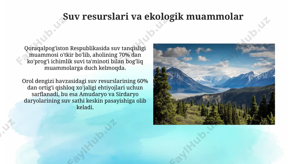 zbekistonning ahamiyati oʻzbekistonning qozogʻiston, qirgʻiziston, tojikiston va turkmaniston bilan chegaradoshligi, mintaqaviy hamkorlik va 500 dan ortiq umumiy chegaraviy punktlari orqali transport aloqalarini rivojlantirishda muhim rol oʻynaydi. markaziy osiyodagi energiya resurslarining 30 foizidan ortigʻi oʻzbekistonda joylashgan boʻlib, bu mamlakatni mintaqadagi energiya xavfsizligi uchun hal qiluvchi omilga aylantiradi. oʻzbekistonning osiyo hamjamiyatidagi roli oʻzbekistonning afgʻoniston bilan chegarasi mintaqaviy barqarorlik uchun muhim ahamiyatga ega boʻlib, xavfsizlik hamkorligi va mintaqaviy muammolarni hal qilishda faol ishtirok etishini koʻrsatadi. oʻzbekistonning markaziy osiyoda 5 ta davlat bilan chegaradoshligi, mintaqaviy hamkorlikni rivojlantirishda muhim geosiyosiy rol oʻynaydi, xususan, transport va savdo yoʻnalishlarida. oʻzbekistonning geografik joylashuvi oʻzbekiston 5 ta davlat – qozogʻiston, qirgʻiziston, tojikiston, turkmaniston va afgʻoniston bilan chegaradosh boʻlib, markaziy osiyoda strategik ahamiyatga ega hududni egallaydi. mamlakatning umumiy maydoni 447 400 kvadrat kilometrni tashkil etib, uning katta qismi turli balandlikdagi togʻli va tekislik hududlaridan iborat. oʻzbekistonning tashqi siyosati oʻzbekistonning afgʻoniston bilan chegarasi boʻyicha xavfsizlik masalalari uning mintaqadagi tashqi siyosatining muhim …