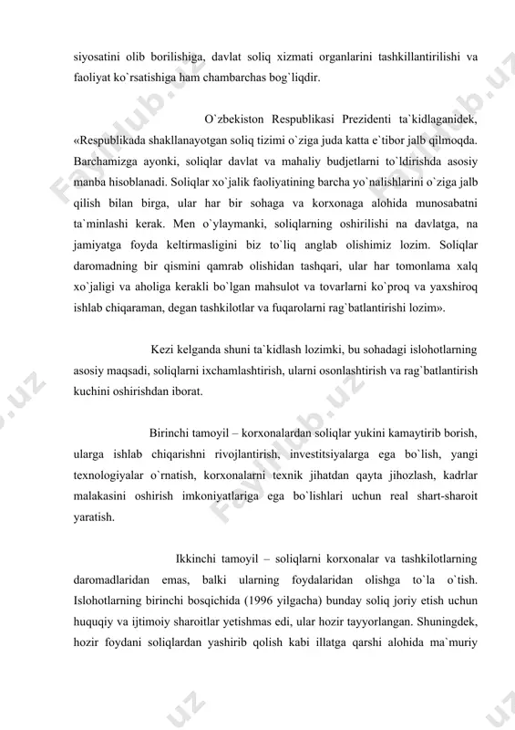 illatga qarshi alohida ma`muriy choralar ishlab chiqilganligi ham bunday tamoyilni qo`llashga sharoit tug`dirmoqda. uchinchi tamoyil – davlat va mahalliy soliqlar o`rtasida optimal (maqsadga muvofiq) mutanosiblik o`rnatish, mahalliy soliqlar ahamiyatini oshirish, davlat budjetidan mahalliy soliqlar tomon burilish qilish. gap shundaki, prezidentimizning ko`rsatishicha, islohotlar davomida mikroiqtisodiyotni rivojlantirishga, korxonalar, hududiy tarmoqlar iqtisodiyotini ko`tarishga ustuvorlik baxsh etish ko`zda tutilmoqda. bunday sharoitda mahalliy soliqlar ahamiyatining ortishi o`z-o`zidan ma`lum. to`rtinchi tamoyil – korxonalarni iqtisodiy kuchaytirish orqali ularning daromadlaridan hududiy, iqtisodiy va ijtimoiy muammolarni yechishda hissasini oshirib borish. bunday tamoyil korxonalar, tadbirkorlar, ishbilarmonlar, barcha sohibkorlarning o`z qishlog`i, shahari, tumani, viloyati, sohasini rivojlantirishlari uchun keng imkoniyatlar ochadi. soliqlarning vujudga kelish tarixi insoniyat tarixining tarkibiy qismi bo`lib, ming yillar avval paydo bo`lgan. qadimgi bobil davlatida amal qilgan xamurapi qonunlari yoki qadimgi hindistonning manu qonunlarimi, xitoy, yunoniston yoki turon, rim imperiyasi qonunlarimi, baribir ularning barchasida boj-xiroj, soliqlar to`plash, davlat xazinasi hisob-kitobi kabi masalalar o`z aksini topgan. ularda jamiyat hayotida mustahkam …