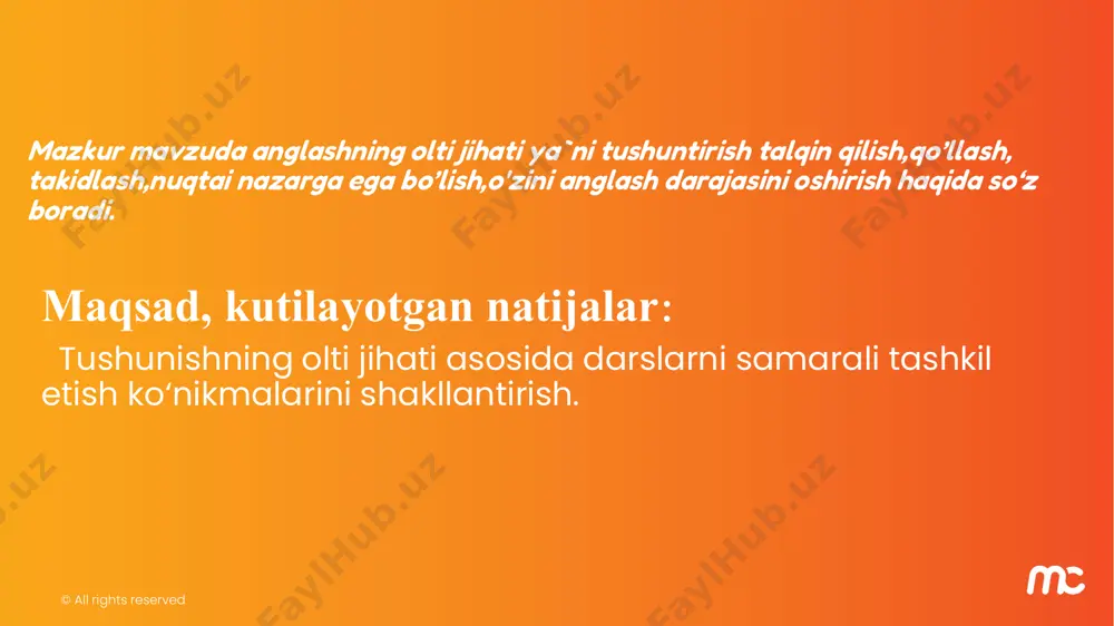 gach tinglovchilar quyidagi jadvalni to‘ldiradilar. namuna sifatida “non uchun xamir tayyorlash” mavzusi ko‘rsatilgan. guruhlar jadvaldagi mavzular asosida yoki pisa tadqiqotlaridagi kontekstlar asosida mavzular tanlab olinadi.. ©️ all rights reserved na`muna : “non uchun xamir tayyorlash” mavzusi misolida ko‘rib chiqaylik. guruh a‘zolari quyiagi savollarni tuzadilar. maqsad: xamir oshirilganda boradigan kimyoviy jarayonlarni tadqiq qilish. achitqi nima? tushuntirish xamir tayyorlash uchun nimalar zarur? tushuntirish xamir tarkibida kraxmall borligini qanday bilishimiz mumkin. talqin qilish xamir achishida qanday jarayonlar kechadi?talqin qilish xamir achishida co2 hosil bo‘ladimi? nuqtai nazar kraxmall tarkibi qanday moddadan iborat? tushuntirish xamirni qorishda qanday masalliqlar ishlatasiz? qo‘llash achitqi ta‘sirida xamir qanday o‘zgarishlarga uchraydi. nima uchun oshirilgan xamir hajmi ko‘tariladi. talqin qilish. ©️ all rights reserved jadval: 6 jihat mavzu tu sh u n ti ri sh ta lq in q ili sh q o ‘ll as h h am d ar d lik n u q ta in az ar o ‘z …