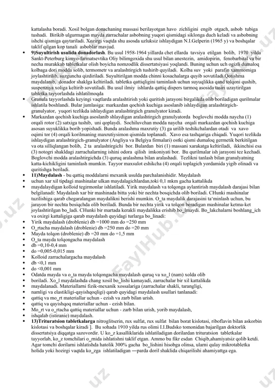 100 litrlilari ko‗p ishlatiladi (rasm). · 2. laboratoriya sharoitida kukunni ko‗pincha zo‗ldirli tegirmonda aralashtiradilar. bu · maqsadda barabandagi sharlarni bir qismini olib, barabanga kukun solinadi va elektr · tarmog‗iga ulab ma‘lum vaqt baraban aylantiriladi. bunda kukunlar bir tekis · aralashadilar. bu usul oddiy, lekin unumdorligi yuqori emas (rasm). · 3. yolg‗on qaynoq yuzada aralashtirish bu eng zamonaviy asbob bo‗lib, sg-30 turkumidagi · asbobda amalga oshiriladi. bu asbob tubida ikki qavatli elagi bo‗lgan va 30 kg kukunga · mo‗ljallangan idishdan, yuqorisida kaprondan qilingan engdan iborat. aralashtirish lozim · bo‗lgan modda idishga solinadi, idishni gardishi (cheti) kapron eng bilan zich berkiladi, · so‗ngra boshqaruv pultidan idishni tubiga xavo bosim bilan yuboriladi. bunda idishdagi · massa bosim ostida yuqoriga ko‗tarilib, muallak holga kelib , o‗zaro aralashadi, mayda · zarrachalar kapron filtrda ig‗iladi, aralashtirib bo‗lgandan so‗ng, filtr avtomatik usulda · tebranib, mayda kukunlar teleshkaga tushadi. so‗ngra teleshkani korpusdan chiqarib · ichidagi modda boshqa sig‗imga …