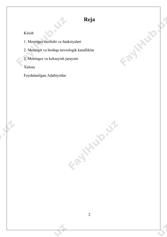 nevrologik kasalliklar kabi holatlarni aniqlash va davolashda muhimdir. hozirgi kunda meninges bilan bog'liq tadqiqotlar yanada rivojlanmoqda. yaqin o'tgan yillarda, meningesning miyada uyquni va immunologik javoblarni boshqarishdagi roli o'rganilmoqda. tadqiqotlar shuni ko'rsatadiki, meninges faqat passiv strukturalar emas, balki nevroinflamatsiya va immunologik javoblarda faol ishtirok etishmoqda. i. meninges tuzilishi va funksiyalari meninges, bosh miya va orqa miyaning himoya pardalari bo'lib, ular uchta qatlamdan iborat: dura mater, arachnoid mater va pia mater. ushbu pardalar miyaning va orqa miyaning tuzilishi va funksiyasida muhim rol o'ynaydi, ularning har biri o'ziga xos xususiyatlarga va vazifalarga ega. dura mater – bu meningesning eng tashqi qatlamidir. u juda qattiq va kuchli, shuning uchun bosh miya va orqa miyaning mexanik zarbalardan himoya qilishda muhim ahamiyatga ega. dura mater, shuningdek, qon tomirlarini, nervlarni va boshqa tuzilmalarni o'z ichiga oladi. u ikkita qatlamdan iborat bo'lib, ichki qatlamiga meningeal dura mater, tashqi qatlamiga esa periosteal dura mater deyiladi. periosteal qatlam bosh suyagi …