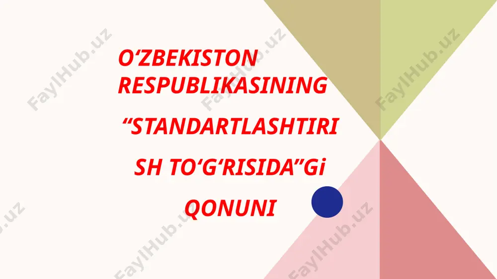 do vazirligi huzuridagi o‘zbekiston texnik jihatdan tartibga solish agentligi; standartlashtirish bo‘yicha milliy organ; davlat va xo‘jalik boshqaruvi organlari; standartlashtirish bo‘yicha texnik qo‘mitalar. заголовок презентации 9 standartlashtirish rejasi quyidagi muddatli istiqbol uchun qabul qilinishi mumkin: qisqa (1 yilgacha); o‘rta (1yildan 5yilgacha); uzoq (5yildan 10yilgacha). standartlarning yagona axborot bazasi standartlashtirish bo‘yicha milliy organ tomonidan shakllantiriladi va yuritiladi. " qonun bilan " 10 qonun rasmiy e’lon qilingan kundan e’tiboran o‘n ikki oy o‘tgach kuchga kiradi. заголовок презентации 11 add your title 202x-202x add your title add your words here add your words here add your title add your words here add your words here add your title add your words here add your words here add your title add your words here add your words here план запуска продукта заголовок презентации 13 планирование синергия масштабируемой электронной коммерции маркетинг распространение стандартизированных метрик дизайн координация приложений для электронной коммерции стратегия поддержка улучшенной комплексной методологии запуск …