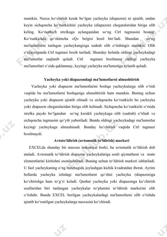 r: 1. ahmedov a.,taylaqov n. informatika. akademik litsey va kasb-hunar kollejlar uchun darslik. — t.: o‘zbekiston, 2002. 2. «informatika va hisoblash texnikasi asoslari» t.x.holmatov, n.i.tayloqov. “o‘zbekiston milliy ensiklopediyasi” davlat ilmiy nashryoti 2001 y. 3. «informatika va axborot texnologiyalar» a.sattorov. тoshkent “o‘qituvchi” –2002. 4. “kompyuter bilan muloqotni o‘rganamiz” sh.narimov, m.najmiddinov. toshkent “moliya” – 2002 y. 5. raxmonqulova s.i. ibm shaxsiy kompyuterlarida ishlash.т., uui, 1994y 6. ”informatika fanidan amaliy mashqlar to‘plami” a.mahmudov farg‘ona 2003 y.