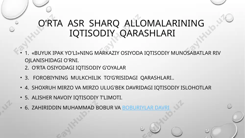 o'rta er dengiz mamlakatlari o'rtasidagi savdo-sotiq va madaniy aloqalarning rivojida muhim rol o'ynagan. manbalarga qaraganda, sariq dengiz qirg'oqlaridan xuanxe daryosidagi sian shahridan boshlangan dastlabki yo'l lanchjou orqali dunxuanga kelgan (xutan), u erda ikkiga ajralib ,biri shimoli-g'arbga ikkinchisi janubi-sharqqa yo'nalgan. karvon yo'lining umumiy uzunligi 12 ming chaqirim atrofida bo'lgan. nemis muarrixi k.rixtgofen 1887 yil ushbu yo'nalishga ilk bor «buyuk ipak yo'li» degan nisbat beradi va bu ibora muammola (istofoda) ga kiritiladi. shimoliy yo'l turfon orqali tarim vohasiga va bu erdan qashg'ar, dovon (farg'ona vodiysi) ga borgan. u yerdan so'g'dning markazi samarqand va marg'iyona (marv) ga yo'nalgan. ipak yo'li farg'ona vodiysida yana juft tarmoqqa bo'lingan. janubiy qismi o'zgandan o'sh, quva, marg'ilon, qo'qon orqali xo'jand, samarqand, buxoro sari uzaygan. keyingisi axsi (andijon) va qamchiq o’rta asr iqtisodiy qarashlari agar bizga ipak etishtirish xitoydan kirib kelgan bo'lsa, xitoyliklar bizdan zotli otlar sotib olgan, uzum va beda etishtirishni o'rganishgan. vatanimiz hududida qorako'l teri beradigan qo'ylar …