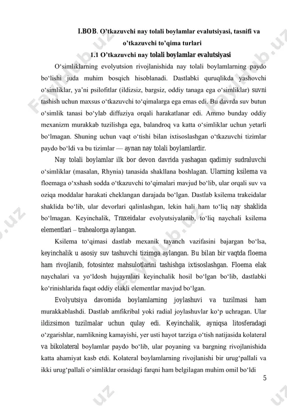 ‘lmagan. keyinchalik, traxeidalar evolyutsiyalanib, to‘liq naychali ksilema elementlari – trahealorga aylangan. ksilema to‘qimasi dastlab mexanik tayanch vazifasini bajargan bo‘lsa, keyinchalik u asosiy suv tashuvchi tizimga aylangan. bu bilan bir vaqtda floema ham rivojlanib, fotosintez mahsulotlarini tashishga ixtisoslashgan. floema elak naychalari va yo‘ldosh hujayralari keyinchalik hosil bo‘lgan bo‘lib, dastlabki ko‘rinishlarida faqat oddiy elakli elementlar mavjud bo‘lgan. evolyutsiya davomida boylamlarning joylashuvi va tuzilmasi ham murakkablashdi. dastlab amfikribal yoki radial joylashuvlar ko‘p uchragan. ular ildizsimon tuzilmalar uchun qulay edi. keyinchalik, ayniqsa litosferadagi o‘zgarishlar, namlikning kamayishi, yer usti hayot tarziga o‘tish natijasida kolateral va bikolateral boylamlar paydo bo‘lib, ular poyaning va bargning rivojlanishida katta ahamiyat kasb etdi. kolateral boylamlarning rivojlanishi bir urug‘pallali va ikki urug‘pallali o‘simliklar orasidagi farqni ham belgilagan muhim omil bo‘ldi 6 1.1.1-rasm gulsafsar ildizidagi o’tkazuvchi bog’lam nay tolali boylamlarning rivojlanishi bilan birga kambiy to‘qimasi ham evolyutsion jihatdan yuzaga keldi. bu to‘qima ikkilamchi o‘sishni ta’minlashi bilan o‘simlik tanasining yo‘g‘onlashishiga, daraxtsimon shakllarning paydo …