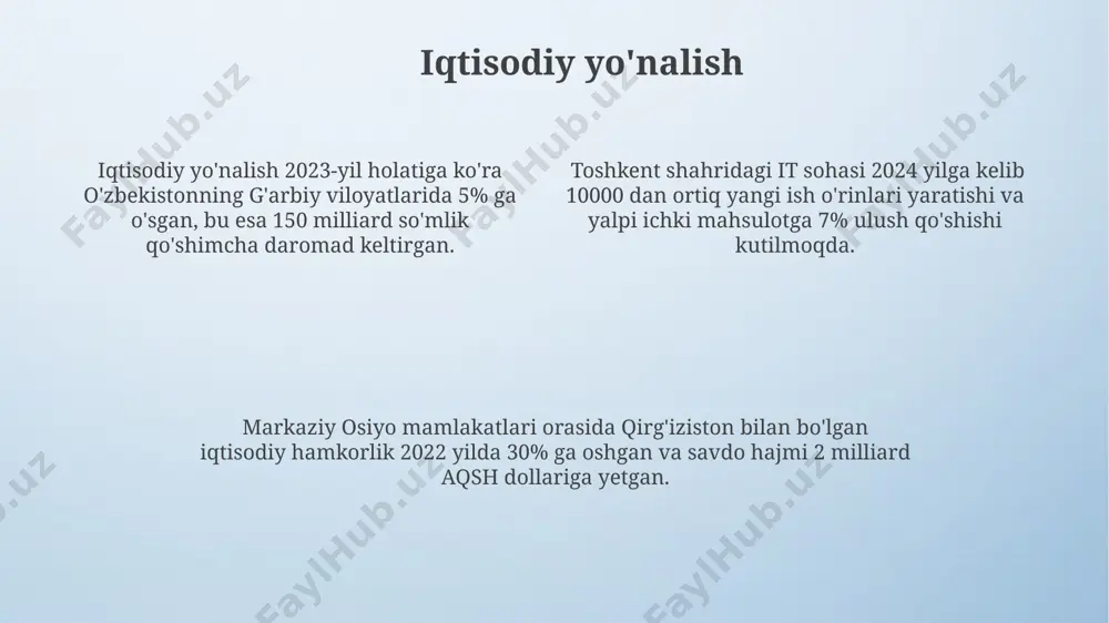tish uchun harakat yo'nalishi aniq rejalashtirilishi kerak. harakat yo'nalishi toshkent shahridan samarqand shahriga 350 kilometr masofani tashkil etadi va avtomobil yo'li orqali taxminan 4-5 soat davom etadi. ijtimoiy yo'nalish ijtimoiy yo'nalish 2022-yilgi hisobotlarga ko'ra, toshkent shahrida 500 000 dan ortiq odamni ijtimoiy himoya dasturlariga jalb qilish orqali ijtimoiy tengsizlikni kamaytirishga qaratilgan. o'zbekistonning qishloq hududlarida, ayniqsa, qashqadaryo viloyatida 30% ga yaqin aholini qamrab oluvchi ijtimoiy infratuzilmani rivojlantirishga qaratilgan 10 ta yirik loyiha amalga oshirilmoqda. ijtimoiy yo'nalish doirasida, 2023-yil uchun 2 milliard so'm miqdorida mablag' ajratilgan bo'lib, bu mablag'lar sog'liqni saqlash va ta'lim kabi muhim sohalarni rivojlantirishga yo'naltiriladi. global yo'nalish жаҳон йўналишида 2023 йилда 50 дан ортиқ давлатда 10 миллиондан зиёд киши халқаро миграцияда қатнашган, бунинг 30%и европа иттифоқи давлатларига йўналган. жаҳон йўналишида транспорт инфратузилмасининг ривожланиши муҳим аҳамиятга эга, хусусан, хитойнинг "бир белбоғ, бир йўл" ташаббуси орқали 100 дан ортиқ мамлакат ўртасидаги савдо ва транспорт алоқалари яхшиланган. жаҳон йўналишининг асосий омиллари сифатида …