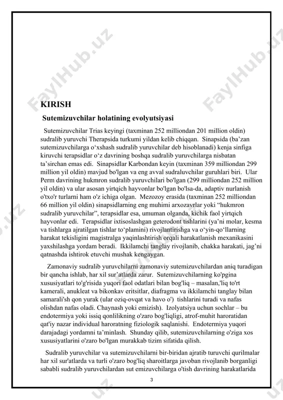 da ilg’or terapsidlar mavjud bo’lganida, taksonomlar qaysi biri reptiliyaga, qaysi biri sutemizuvchilarga ovqatlanishni hal qilishlari qiyin edi. i-bob.sutemizuvchilarning kelib chiqishini tasniflash sutemizning sinfining yuqori klassifikatsiyasi belgilarining keng doirasini sotib olish mumkin. an'anaga ko'ra, qiyosiy anatomiyaning kelib chiqishi eng muhim muammo ega edi, ammo yaqinda bunday fanlardan fiziologiya, sitologiya, tanadagi immunitet reaktsiyalarini o'rganish va genetika munosabatlarini ko'rib chiqishda foydali bo'ldi. tirik organizmlarni qiyosiy o'rganish paleontologiyaning topilmalari bilan to'ldiriladi. qazilma qoldiqlarini oʻrganish sutemizuvchilarning oʻzaro munosabatlari haqidagi bilimlarga tarixiy jihat qoʻshadi. ba'zi vaqtida, masalan, o'tlar - qazima qoldiqlari nasl-nasabni kuzatishga imkon beradi. boshqa yirik umurtqali hayvonlarga nisbatan sutemizuvchilarning yaxshi qazilma qoldiqlari. fosillanish juda ko'pga bog'liq bo'lib, ulardan eng muhimi organizmning tuzilishi, yashash muhiti va o'lim vaqtidagi zarur. sutemizuvchilarning eng keng tarqalgan qoldiqlari tishlari va ular bilan bog'langan jag' va bosh suyagi suyaklaridir. sutemizuvchilar tishini qoplaydi emal kristalli apatitning prizmatik tayoqchalaridan iborat bo'lib, sutemizuvchilar tanasidagi eng qattiq to'qimadir. kimyoviy va fizik ob-havoga juda qiladi. …
