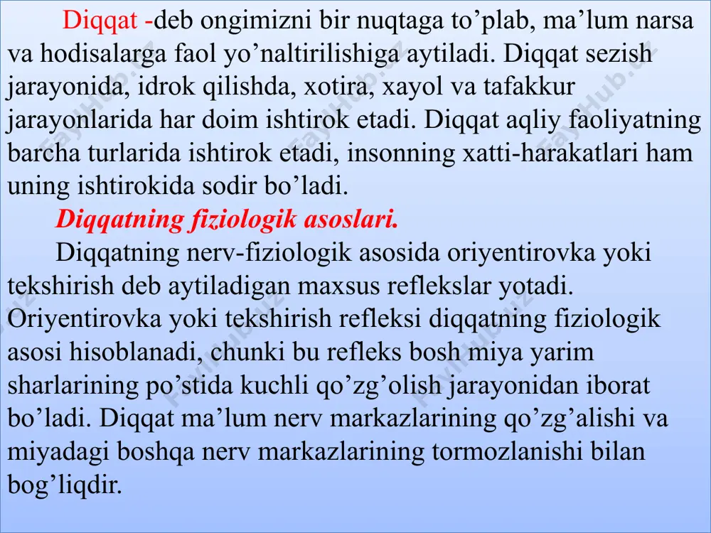 a shu hukmron bo’lib olgan qo’zg’alish o’chog’ini akademik uxtomskiy «dominanta» deb ataydi. diqqatning turlari. psixologiyada uch xil diqqat turi farq qiladi. ulardan biri ixtiyorsiz diqqat bo’lsa, ikkinchisi- ixtiyoriy, uchinchisi esa ixtiyoriydan so’nggi diqqatdir. diqqatning asosiy turlari ixtiyyoriy va ixtiyorsiz diqqatdir. diqqatni bunday turlarga bulish hissiyot yoki irodaning ustunligiga asoslanadi. shu sababli, ba’zan diqqatning bu turlari irodaviy va emotsional diqqat deb ham ataladi. diqqatning yana uchunchi turi ixtiyoriydan so’nggi diqqat bo’lib, u dastlabki ikki turdagi diqqatning uziga xos sintezidan iborat. ixtiyorsiz diqqat maxsus zur berishni talab qilmaydi. u ongga ta’sir etuvchi predmet yoki hodisaning bevosita qiziqish uyg’otishidan paydo bo’ladi. diqqatning xususiyatlari. odamning diqqati bir qancha xususiyatlariga ega bo’lib, ulardan asosiylari-diqqatning bo’linuvchanligi va diqqatning ko’chuvchanligidan iboratdir. diqqatning kuchi va barqarorligi deb odam o’z diqqatini biror narsa yoki hodisaga uzoq muddat davomida muttasil qaratib tura olishiga aytiladi. diqqatning bo’linuvchanligi. diqqatning bo’linishi deganda, biz ayni bir vaqtda diqqatimizni ikki yoki uch narsaga qaratilishini tushunamiz. …