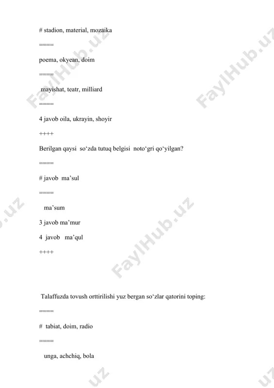 si to’g’ri yozilgan qatorni belgilang: ==== # sarf qil, sotib ol, olib kel ==== tim qora, sarf qil, suv osti ==== yildan yilga, so’z boshi, olma qoqi ==== qashqar gul, suv ilon, sotib ol ++++ belgining ortiq darajasini bildiruvchi so’zlar ….. yoziladi. ==== # ajratib ==== qo’shib ==== chiziqcha bilan ==== vaziyatga qarab ++++ davlatning oliy darajali mukofoti nomi tarkibidagi har bir so’z…yoziladi. ==== # bosh harf bilan ==== kichik harf bilan ==== vaziyatga qarab matnga bog’liq ravishda ++++ o’zbek xalqi 1929- yildan 1940- yilgacha qaysi yozuvdan foydalangan? ==== arab yozuvi ==== uyg’ur yozuvi ==== # lotin yozuv ==== kirill yozuvi. ++++ “o‘zbek tilining asosiy imlo qoidalari haqida”gi qarorga qachon o‘zgartirish kiritildi? ==== 1995-yil, 2-sentabr ==== # 1995-yil, 24-avgust ==== 1993-yil, 2-sentabr ==== 2005-yil, 6-may. ++++ qo’sh unli qaysi qatorda xato qo’llangan? ==== mutolaa ==== taajjub ==== taalluq ==== # barchasi to’g’ri ++++ tutuq belgisi qaysi qatorda unlini cho‘ziqroq talaffuz …