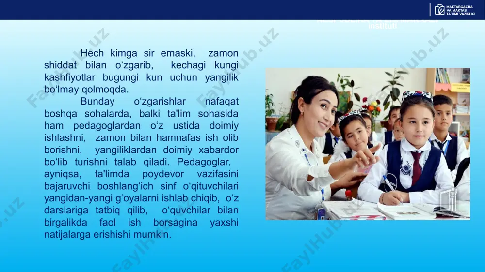 ity and adaptability) 2 tanqidiy fikrlash (critical thinking) ijodkorlik (creativity) hamkorlik (collaboration) muloqot (communication) axborot savodxonligi (information literacy) media savodxonligi (media literacy) texnologiya savodxonligi (technology literacy) xxi asr ko‘nikmalari 2 ilmiy savodxonlik ko‘nikmalari 1 o‘rganish ko‘nikmalari kirishuvchanlik va moslashuvchanlik (flexibility and adaptability) liderlik va mas’uliyat (leadership and responsibility) tashabbuskorlik va o‘z-o‘zini boshqarish (initiative and self-direction) ijtimoiy va madaniyatlararo o‘zaro ta’sir (social and cross-cultural interaction) 1 2 3 so‘rovga asoslangan ta’lim inquiry-based learning inquiry-based learning so‘rovga asoslangan ta’lim 1 daqiqa so‘rovga asoslangan ta’lim o’quvchidan nimani bilishni istashini so‘rashdan ko‘ra ko‘proq narsadir. bu yerda qiziqish ham muhim. heather wolpert-gawron what the heck is inquiry-based learning? | edutopia 1 daqiqa respublika ta’lim markazi a.avloniy nomidagi ilmiy-tatqiqot instituti mashgʻulotda: oʻquvchilarning bilim olishga qiziqishlarini, intellektual va ijodiy qobiliyatlarini rivojlantirishga hamda ijobiy oʻquv muhitini yaratishga qaratilgan 5e modeli mohiyati va bosqichlari haqida bilib olasiz; darslarda 5e modelini qoʻllashni oʻrganasiz. so‘rovga asoslangan ta’lim yondashuvining xususiyatlari o‘quvchi shaxsiga …