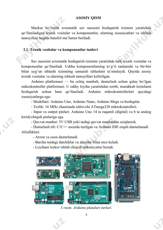 lining xususiyatlari: - quvvat talabi: 5v. - kontakt sig‘imi: 10a/250v ac yoki 10a/30v dc. quvvat manbai: - tizimning barcha qismlari uchun doimiy tok (dc) quvvat manbai zarur. - quvvat manbai nasos uchun alohida, arduino va datchiklar uchun alohida ta’minlanadi. ulanish simlari: - barcha komponentlarni birlashtirish uchun izolyatsiyalangan ulanish simlari ishlatiladi. - plata (breadboard): - loyihani birlashtirish va vaqtinchalik ulanishlarni oson qilish uchun qo‘llaniladi. barcha yordamchi qismlar tizimning barqaror va samarali ishlashini ta’minlashga yordam beradi. rele moduli orqali nasos va datchiklarni boshqarish, quvvat manbai orqali tizimning xavfsiz ishlashini ta’minlash mumkin. 2.2. tizimning ishlash prinsipi va sxemasi mazkur bo‘limda avtomatik suv nasosini boshqarish tizimining ishlash prinsipi, datchikdan olingan ma’lumotlarning qayta ishlanishi, va namlik darajasiga ko‘ra nasosni boshqarish algoritmi hamda tizim sxemasi bo‘yicha batafsil ma’lumot beriladi. tuproq namlik datchigi (rasmda o‘ng tomonda ko‘rsatilgan) tuproqning namlik darajasini o‘lchash uchun ishlatiladi. ushbu datchik tuproqdagi elektr o‘tkazuvchanlikni o‘lchab, arduino mikrokontrolleriga analog va raqamli signallarni uzatadi. datchikning …