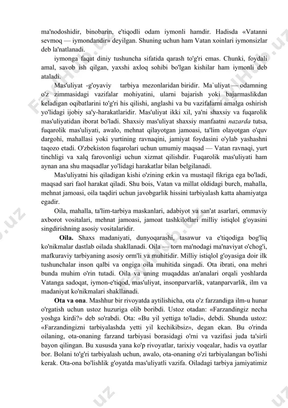 intilish hislari, yangicha e'tiqod va dunyoqarash asoslari shakllanmoqda. mustaqillik davrida shakllangan milliy e'tiqod va dunyoqarashga xos xususiyatlar, ayniqsa, yurtdoshlarimizning ma'naviyat va tafakkurida yaqqol ko'zga tashlanmoqda. e'tiqod qalbda shakllanadi va insonning haqiqatga bo'lgan ishonchini ifoda etadi. bu ishonch odatda insonning eng muqaddas narsalarga muhabbati orqali namoyon bo'ladi. masalan, vatanga bo'lgan muhabbat — vatanga bo'lgan e'tiqod natijasidir. insonning insonga xos sifatlari, j'amiyatdagi o'rni va nufuzi ham ma'lum ma'noda uning e'tiqodi bilan belgilanadi. e'tiqodsizlik — yomon illat. chunki, hech narsaga ishonmaydigan, maqsad-maslagi noma'lum, iymonsiz kishi nafaqat o'ziga, balki atrofdagilarga ham ziyon yetkazadi. e'tiqodli odam, eng, awalo, foydajl, yaxshi amallar bilan shug'ullanadi, yolg'on gapirmaydi. bir/narsani bajarishga kirishsa, butun kuch va iqtidorini shunga sarflaydi, boshlagan ishini oxiriga yetkazadi. haqiqiy e'tiqod egasi ilmga tashna, aniq maqsad bilan yashaydigan, har tomonlama barkamollikka intiladigan bo'ladi. e'tiqod shaxsda jur'at, mardlik, fidoyilik, qat'iyatlik, halollik, insonparvarlik, vatanparvarlik kabi fazilatlarni shakllantiradi. tug'ilib o'sgan yerni muqaddas deb bilish, kindik qoni to'kilgan tuproqni asrash, …
