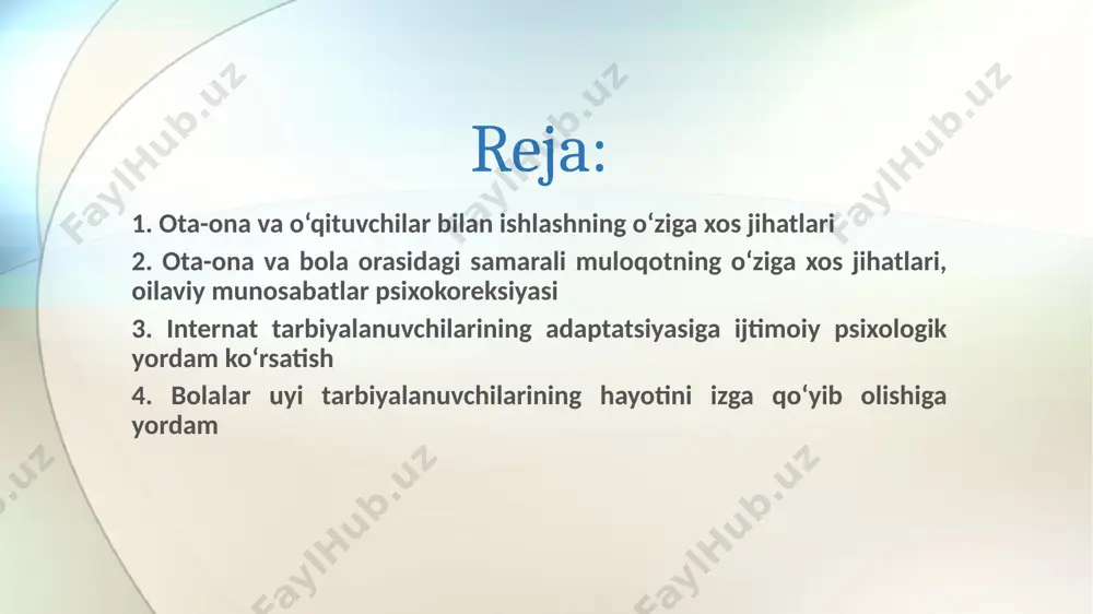 i 7 munozara; predmet-bolalar bilan ota-onalarning o’zaro harakat usullari munozarani olib boruvchi guruhning hamma a’zolari tomonidan majburiy qabul qilinadigan yagona obro’li kishi emasligi guruhning hamma a’zolari munozarada erkin ishtirok etish huquqi amerikalik psixolog x. djaynotning fikricha: teng aloqa muloqotning uch asosiy qoidasiga asoslanadi: birinchidan, ota-onalar barcha vaziyatlarda boladagi ijobiy o‘zgarishni ma’qullashga intilishlari kerak, har qanday holatda ham uni kamsitmaslik, bolada ijobiy men siymoni qo‘llab-quvatlashdan iborat. ikkinchidan, bolabilan uning qilgan ishi, bu ishning oqibati, vaziyat haqida gaplashish mumkin, bolaning xarakteri, shaxsi haqida gapirmaslik kerak, uning shaxsini salbiy baholashdan qochish lozim. uchinchidan, aloqa jarayonida kattalar taklif kirituvchi tashabbuskor bo'lishlari kerak. bunda harakat usuli to‘g‘ridan-to'g’ri ko‘rsatib berilmasligi kerak, balki muammoli vaziyatni hal qilish imkoniyatlarini bola oldiga shunday qo‘yish kerakki, bolaning o‘zi eng to‘g‘riroq usulni tanlashni mustaqil amalga oshirsin. ota-ona va bola orasidagi samarali muloqotning o‘ziga xos jihatlari “ota” yoki “ona” pozitsiyasida bo‘lish - bu o‘zining boshqalardan ustunligini aniqlash, rag‘batlantirish va jazolash huquqiga egalikni …