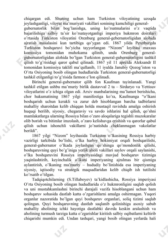 vazifasi mustamlakachilikka asoslangan o’lka boshqaruv tizimini takomillashtirishga qaratilgan edi. bu “komissiya” tomonidan ishlab chiqilgan “yettisuv va sirdaryo viloyatlarini boshqarish haqidagi qoidalar loyihasi” bo’yicha vazirlar mahkamasi qabul qilgan qarorda quyidagilar qayd etilgan edi: 1. loyihada ko’rsatilgan hududlarda yettisuv va sirdaryo viloyatlari tarkibida turkiston general-gubernatorligi tashkil etilsin. 2. general-gubernatorga o’lkani boshqarish uchun loyihada nazarda tutilgan shtatlardan kelib chiqqan holda, boshqarish uchun amaldorlar olishga imkoniyat berilsin. 3. general-gubernatorga loyihada ko’rsatilgan yerlarda, o’lkadagi mahalliy sharoit, tuzem (mahalliy) xalqlarning ehtiyojlarini hisobga olgan holda so’nggi marta qonuniy tartibda ko’rib chiqish va qabul qilish uchun uning qismlari bo’yicha va yaxlit holda o’zining xulosasini berish topshirilsin. ungacha loyihada ko’rsatilgan holatlarni asos sifatida qabul qilib, o’lka tuzilishi uchun favqulodda muhim va foydali deb hisoblangan hamma choralarni ko’rish topshirilsin. tadqiqotlarga ko’ra, turkiston viloyatining orenburg general-gubernatorligi tarkibida bo’lishi vaqt o’tishi bilan turli muammolarni keltirib chiqargan edi. shuning uchun ham turkiston viloyatining uzoqda joylashganligi, viloyat ma’muriyati vakillari sonining kamchiligi general- gubernatorlik bilan …
