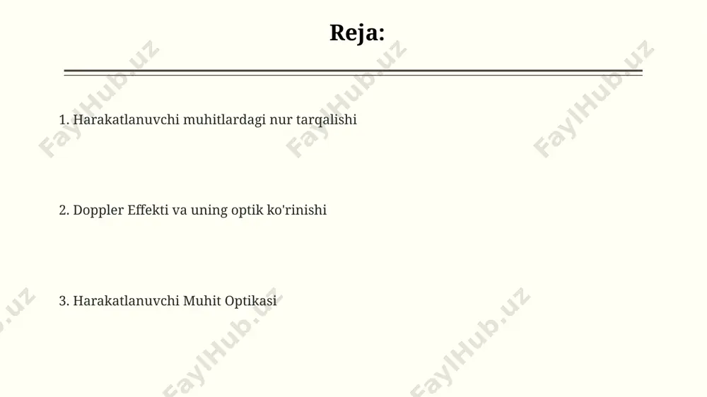 m gacha o'zgaradi. dispersiya va harakatlanuvchi muhit harakatlanuvchi muhitdagi nur tarqalishi tezligi, muhitning sindirish ko'rsatkichi va nur chastotasi bog'liq bo'lib, dispersiya hodisasi 10⁻¹⁵ soniya tartibidagi vaqtdagi o'zgarishlarni keltirib chiqaradi. fazaviy dispersiya harakatlanuvchi muhitda to'lqin uzunligiga bog'liq bo'lib, masalan, 500 nm va 600 nm to'lqin uzunliklaridagi nur nurlarining tezliklari farq qiladi. doppler effekti harakatlanuvchi muhitda nur chastotasi va to'lqin uzunligining o'zgarishiga olib keladi, bu o'zgarish miqdori muhitning tezligi va nur tezligiga bog'liq. harakatlanuvchi muhitdagi qutblanish hodisalari fazaviy modulyatsiya effekti, ya'ni harakatlanuvchi muhitdagi qutblanish holatining o'zgarishi, taxminan 10 -6 sekund ichida 90° ga aylanishi mumkin. harakatlanuvchi muhitda yorug'lik to'lqinining tezligi o'zgarganda, uning qutblanish tekisligi fresnel formulalari yordamida 1.5 refraktiv koeffitsiyentli muhitda 30° ga burilishi mumkin. doppler effekti natijasida harakatlanuvchi kristallga tushayotgan chiziqli qutblangan yorug'likning qutblanish darajasi 10% ga kamayishi, va qutblanish ellipsoidining shakli o'zgarishi mumkin. doppler effekti va uning optik ifodasi doppler effekti nurlanish manbai va kuzatuvchi o'rtasidagi nisbiy tezlikka (masalan, 10 …