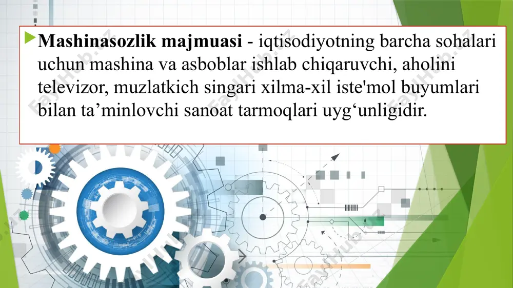 qishloq xo‘jaligida mashina va mexanizmlar ko‘plab qo‘llanilayotganidan ularga ehtiyot qismlar yetkazib beradigan hamda sozlaydigan korxonalar deyarli barcha viloyatlarda barpo etilgan. samarqanddagi «paxtamash» zavodi ehtiyot qismlar ishlab chiqaradigan korxonalarning eng yirigidir. bog‘dorchilik, uzumchilik va polizchilikda qo‘llaniladigan mashina va moslamalar «o‘rta osiyoqishloqmash» birlashmasida ishlab chiqarilmoqda. ‹#› o‘tgan asrning o‘rtalaridan boshlab elektrotexnika sanoati alohida tarmoq tarzida shakllandi. o‘ndan ortiq elektrotexnika zavodlari ishladi. ehm ishlab chiqaradigan «algoritm» zavodiga asos solindi. ehm uchun mikroelek- tronika elementlari, mikrosxemalar, masofadan turib boshqarish sistemalari va boshqa mahsulotlar ishlab chiqaradigan «zenit» zavodi ishga tushirildi. ‹#› hozirgi vaqtda mashinasozlik tarmoqlarida 100 mingga yaqin kishi mehnat qilmoqda. ‹#› to‘qimachilik sanoatining yuksalishi xomashyogagina bog‘liq bo‘lmay uni zamonaviy to‘quv dastgohlar, asbob-uskunalar bilan ta’minlashga ham bog‘liqdir. bunday jihozlarni «o‘zbekto‘qimachilikmash» birlashmasida ishlab chiqariladi. birlashma korxonalari toshkent, qo‘qon, jizzax shaharlarida joylashgan. ‹#› ‹#› kimyo va neft-kimyo mashinasozligi 1941-yilda tashkil topgan chirchiq shahridagi «o‘zbekkimyomash» zavodi dastavval kimyo, mikrobiologiya, selluloza-qog‘oz sanoati korxonalari uchun uskuna-jihoz ishlab chiqarar edi. hozirda …