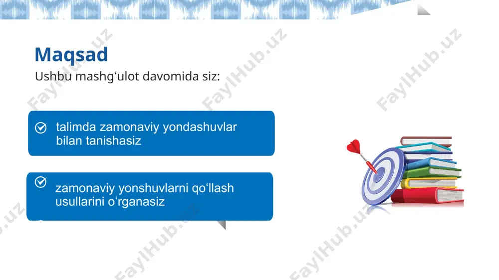 hijoat bilan kechmoqda. 6 ta’limda zamonaviy yondashuvlar: dolzarbligi olimlardek fikrlash va faoliyat yuritish (tadqiqotchilik ko‘nikmalari) mulohaza yuritish xxi asr ko‘nikmalarini rivojlantirish g‘oya muammo mulohaza muammoga yechim topish ta’limda zamonaviy yondashuvlar: tamoyillari milliy va umuminsoniy qadriyatlarga hurmat raqamli texnologiyalar (onlayn platformalar, vr, ar, ai) o‘quvchilarni faol jalb etish (mulohaza yuritish, tadqiqot oʻtkazish, savollar qo‘ya olish, o‘zi uchun yangi bo‘lgan bilimlarni kashf etish) differrensial oʻqitish (har bir oʻquvchining individual xususiyatlari, qiziqishlari, oʻzlashtirish tempi hisobga olinganligi) kompetensiyalarni rivojlantirish (oʻqitish jarayoni tanqidiy fikrlash, real muammolarni hal qilish, tadqiqotchilik ko‘nikmalarini rivojlantirishga qaratilganligi) ta’limda zamonaviy yondashuvlar: o‘qitish usullari olimlar kabi savollar qo‘yish, tadqiqot rejasini tuzish, ma’lumot to‘plash va xulosa chiqarish so‘rovga asoslangan ta’lim (inquiry-based learning) muammoga asoslangan ta’lim (problem based learning) egallagan bilimlarni qo‘llab, real muammolarga yechim topish loyihaga asoslangan ta’lim (project‑based learning) darsdan tashqarida o‘quv materialini nazariy jihatdan o‘rganish, darsda – amaliy faoliyat (tajriba o‘tkazish, video + muhokama) loyiha ishi – o‘quvchilarning mustaqil yoki guruh …