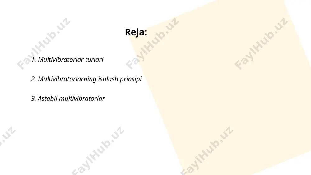 ular bozorda puls generatori sifatida ishlatiladi. ish chastotasi va impuls davomiyligi rezistorlar va kondensatorlar yordamida aniqlanadi. ushbu multivibratorlar ko'pincha taxminan 1 khz dan 1 mhz gacha chastotada ishlash uchun mo'ljallangan bo'lishi mumkin. ular odatda teskari aloqa orqali o'z-o'zini qo'zg'atuvchi sxemalar sifatida tavsiflanadi. ... t.me/slaydai_bot 4. monostabil multivibratorlar monostabil multivibratorlar bir holatdan ikkinchi holatga o'tayotgan kuchlanish impulslarini hosil qilish uchun ishlatiladi. ular "bitta barqaror" holatga ega bo'lib, tashqi signal kelganda vaqtinchalik o'zgarish sodir bo'ladi. bu qurilmalar odatda vaqtni belgilash va kechikish zanjirlarida qo'llaniladi. 555 taymer kabi integrallangan sxemalar monostabil rejimda ishlatilishi mumkin. vaqt oralig'i \( t = 1.1 \times r \times c \) formula orqali hisoblanadi, bunda \( r \) qarshilik va \( c \) sig'imning qiymatlari. monostabil multivibratorlar davriy bo'lmagan impulslarni hosil qilib, timing ilovalarida, debouncerlarda va ko'plab boshqaruv ilovalarida muhim ahamiyatga ega. ... t.me/slaydai_bot bistabil multivibratorlar ikki barqaror holatga ega bo'lgan elektron osilatorlardir. ular trigger signali orqali bir holatdan …