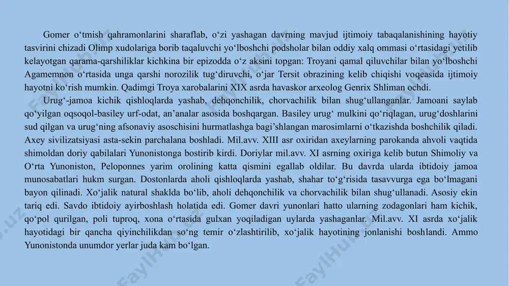 h imkoniyatiga ega bo‘ldi. shu sababli ekin yer­lari berildi. keyinchalik bu yerlar xususiy bo‘ldi. mil.avv. ix asr oxirida yunon dunyosi dehqonlarni birlashtir­gan yuzlab kichik polis-jamoalardan yoki ular katta-kichik qishloqlardan iborat edi. asosiy iqtisodiy birlik mustaqil xo‘ja­lik yuritish asosida tirikchiligini o‘tkazadigan, oddiy turmush kechirib, tashqi dunyo bilan aloqasi bo‘lmagan patriarxal oila bo‘lgan. yunon dunyosida hali katta yer egalari, yersiz, birovga qaram oilalar, odamlar va jamoa a’zolari yo‘q edi. hunarmandchilikning sohasi bo‘lgan kulolchilikda protogeo­metrik usul shakllandi. dafn marosimlari o‘zgardi. endilikda tuproqqa dafn etish o‘rniga jasadni krematsiya qilish (yoqish) rasm bo‘ldi. bolqon yunonistonidan yuqori darajada rivojlan­gan sharqqa yunonlar kirib kela boshladi. mil.avv. xi asr oxiridan kichik osiyoning g‘arbiy qirg‘og‘ida yunon qo‘rg‘onlari paydo bo‘lib, ularning aholisi eoliy, ioniy va doriy shevalarida so‘zlashgan. 2. yunon polisining shakllanishi. qadimgi yunon jamiyatining iqtisodiy-ijtimoiy, si­yosiy va mafkuraviy tashkilotining asosiy shakli polis edi. polis bu – jamoaning alohida tipi bo‘lib, dehqon va shahar aholisi­ni o‘zida birlashtirgan yerga ishlovchilar – …