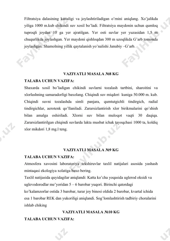 00 ta, koldiq xlor mikdori 1,8 mg.l teng. vaziyatli masala №9 kg talaba uchun vazifa: atmosfera xavosini laboratoriya tekshiruvlar taxlil natijalari asosida yashash mintaqasi ekologiya xolatiga baxo bering. taxlil natijasida quyidagilar aniqlandi: katta ko’cha yoqasida uglerod oksidi va uglevodorodlar me’yoridan 5 – 6 barobar yuqori. birinchi qatordagi ko’kalamzorlar ostida 3 barobar, turar joy binosi oldida 2 barobar, kvartal ichida esa 1 barobar rek dan yukoriligi aniqlandi. sog’lomlashtirish tadbiriy choralarini ishlab chiking vaziyatli masala №10 kg talaba uchun vazifa: turar joy massivini qurulishi uchun yer maydoni ajratilgan. tuproqdagi kimyoviy moddalar rem dan 3 marotaba ortik. xlebnikova sanitariya soni 0,72. tuproqning xolatiga tuliq gigienik baxo berish maqsadida yana qanday tekshiruvlar o’tkazilishi kerak. ajritilgan yer maydoniga gigiyenik baxo bering. amaliy ko’nikma №1 kg talaba uchun vazifa: markazlashtirilgan suv ta’minoti tizimidan laboratoriya taxlili uchun olingan sinamaga «kuzatuv xati»ni to‘lg‘azish qoidasini aytib bering amaliy ko’nikma №2 kg talaba uchun vazifa: organoleptik tekshiruvi natijalari asosida ichimlik …