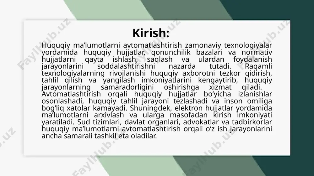 uqiy axborotni qayta ishlash, saqlash, tahlil qilish va ulardan foydalanish jarayonlari osonlashadi. bu jarayon huquqiy xizmatlar sifatini yaxshilash, xatoliklarni kamaytirish va ma'lumotlarga tezkor kirish imkoniyatini yaratadi. elektron huquqiy ma'lumot bazalari huquqiy ma’lumotlarni avtomatlashtirishning asosiy komponentlaridan biri elektron huquqiy ma’lumot bazalaridir. bunday bazalar qonunchilik hujjatlari, sud qarorlari, normativ hujjatlar, shartnomalar va boshqa yuridik axborotlarni markazlashtirilgan tarzda saqlaydi. elektron huquqiy bazalar yordamida huquqshunoslar, davlat organlari va tadbirkorlar zarur hujjatlarni tezda topib, tahlil qilish imkoniyatiga ega bo‘ladilar. misol uchun, o‘zbekiston respublikasining huquqiy ma’lumotlar portali qonunchilik va sud qarorlarini onlayn tarzda taqdim etadi. xulosa: huquqiy ma’lumotlarni avtomatlashtirish huquqiy jarayonlarni tezlashtirish, samaradorlikni oshirish va xatoliklarni kamaytirish uchun muhim vositadir. elektron huquqiy ma'lumot bazalari, sun'iy intellekt, mashina o‘rganish, avtomatik huquqiy hujjatlarni tuzish tizimlari, bulutli texnologiyalar va blokcheyn texnologiyalari huquqiy xizmatlarning sifatini yaxshilashga yordam beradi. bu texnologiyalar yordamida huquqshunoslar va boshqa foydalanuvchilar huquqiy ma'lumotlarga tez va aniq kirish imkoniyatiga ega bo‘ladilar, shu bilan birga huquqiy xizmatlarni kengaytirish …