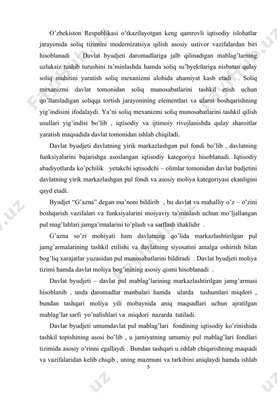 to’la – to’kis o’zi moliyalashtiradigan bo’ldi. bularning hammasi davlatning zaruriy xususiyatini sanaluvchi byudjet va byudjet jarayonida o’z aksini topmasligi mumkin emasligini hisobga olgan holda budjetga oid huquqiy munosabatlarning takomillashtirilishida ilk qadamlar tashlandi. har qanday davlatning byudjet tizimi , shu mamlakatning davlat tuzumiga bog’liq holda tashkil etiladi. o’zbekiston respublikasi davlat byudjeti o’z ichiga respublika bedjetini, qoraqalpog’iston respublikasi davlat budjetini va mahalliy byudjetlarni oladi. o’zbekiston respublikasining byudjet kodeksiga muvofiq, mamlakat byudjet tizimi ikki pog’onali byudjetdan iborat, ya’ni: 1. respublikasi 2. qoraqalpog’iston respublikasi byudjeti va mahalliy byudjetlar. byudjet iqtisodiy kateoriya sifatida turli byudjet fondlarini shakllantirsh, taqsimlash, foydalanish paytida yuzaga keluvchi va ro’yabga chiquvchi iqtisodiy munosabatlar hisoblanadi va uning asosida doimo moddiy ishlab chiqarish hamda nomodiy xizmat ko’rsatishlar yotadi. huquqiy kategoriya sifatida byudjet tegishli hudud doirasida markazlashtirilgan pul fondlarini shakllantirish, taqsimlash, foydalanishga qaratilgan va tegishli davlat yoki mahalliy hokimiyat idorasi tomonidan tasqidlangan asosiy moliyaviy reja, yuridik me’yorlardan iborat. byudjeti alohida bir mamlakatninng asosiy moliyaviy …