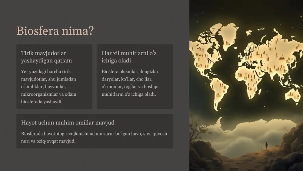 uv ifloslanishi sanoat chiqindilari, qishloq xo'jaligi pestisidlari va uy-ro'zg'or chiqindilari bilan bog'liq ifloslanish. 3 tuproq ifloslanishi kimyoviy o'g'itlar, pestisidlardan foydalanish va sanoat chiqindilari tuproqning sifatini pasaytiradi. 4 ekologik muammolarni hal qilish qayta tiklanadigan energiya manbalaridan foydalanish, chiqindilarni qayta ishlash, atrof-muhitni muhofaza qilish to'g'risida qonunlarni qat'iy bajarish. 6 energiya istiqbollari va qayta tiklanuvchi manbalari quyosh energiyasi quyosh nurlari yordamida energiya ishlab chiqarish, ekologik toza va samarali energiya manbai. shamol energiyasi shamol energiyasidan foydalanib energiya ishlab chiqarish, qayta tiklanadigan va toza energiya manbai. gidravlik energiya suv oqimidan energiya ishlab chiqarish, qayta tiklanadigan va samarali energiya manbai. 7 iqlim o'zgarishi va muqobil yechimlar iqlim o'zgarishi sabablari yechimlar issiqxona gazlari emissiyalari qayta tiklanadigan energiya manbalaridan foydalanish o'rmonlarni kesish o'rmonlarni tiklash va muhofaza qilish sanoat va transport ifloslanishi toza texnologiyalarni qo'llash, energiya tejash 8 ekologik yo'naltirilgan innovatsiyalar quyosh energiyasi bino tomlariga o'rnatilgan quyosh panellari yordamida energiya ishlab chiqarish. elektr transport elektr transport vositalari, ekologik toza …