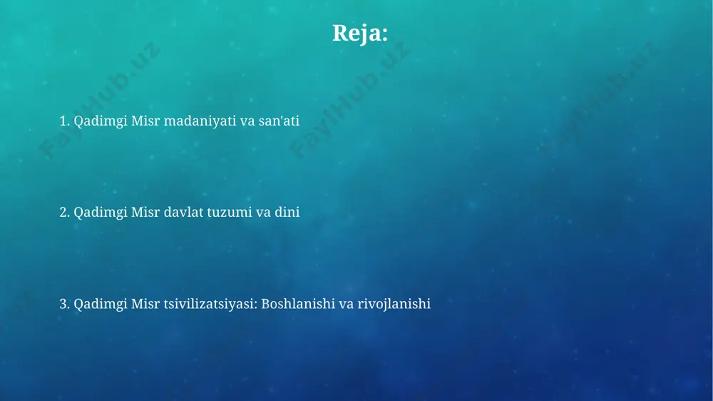 va qabrga 70 dan ortiq sehrli formulalar yozilgan. nil daryosi boʻylarida joylashgan abydos shahri ozirisga bagʻishlangan muqaddas shahar boʻlib, unda 3000 yildan ortiq vaqt davomida ozirisga sigʻinish marosimlari oʻtkazilgan. misrning qo'shnilari bilan munosabatlari misrning nubiyadagi savdo koloniyalari, masalan, buhen va qasr ibrim, o'zaro madaniy almashinuv va texnologiyalar transferiga, jumladan, metallurgiya va qurilish sohalarida yordam bergan. qadimgi misrda 18-20-sulolalar davrida nubiyadan olingan fil suyagi, oltin va xom ashyolar katta miqdorda import qilingan bo'lib, bu misr iqtisodiyotining rivojlanishiga sezilarli hissa qo'shgan. xudolar va ma'budalar misr mifologiyasida, duonlar, sehrlar va marosimlarda, jumladan, luxordagi karnak ma'badida, 5000 dan ortiq turli xudolarga bag'ishlangan ibodatlar yozilgan. abydosdagi seti i maqbarasi devorlarida 700 dan ortiq xudolar tasvirlangan bo'lib, ularning ierarxiyasi va o'zaro munosabatlarini ko'rsatadi. nil daryosi va uning ahamiyati nilning yillik toshqini 3000 yildan ortiq vaqt davomida misr qishloq xo’jaligining asosiy omili bo’lib, unumdor loyni butun vodiy bo’ylab tarqatib, hosilning mo’l-ko’l bo’lishiga yordam bergan. nil daryosi misr …