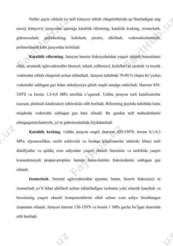 rming paytida tarkibida katta miqdorda vodorodni ushlagan gaz ham olinadi. bu gazdan neft mahsulotlarini oltingugurtsizlantirish, ya’ni gidrotozalashda foydalaniladi. katalitik kreking. ushbu jarayon orqali (harorat 420-5300s; bosim 0,1-0,3 mpa; alyumosilikat, seolit ushlovchi va boshqa katalizatorlar ishtiroki bilan) turli distillyatlar va qoldiq xom ashyodan yuqori oktanli benzinlar va tarkibida yuqori konsentrasiyali propan-propilen hamda butan-butilen fraksiyalarini ushlagan gaz olinadi. izomerlash. normal uglevodorodlar (pentan, butan, benzin fraksiyasi) ni izomerlash yo’li bilan alkillash uchun ishlatiladigan izobutan yoki sintetik kauchuk va benzinning yuqori oktanli komponentlarini olish uchun xom ashyo hisoblangan izopentan olinadi. jarayon harorat 120-1500s va bosim 1 mpa gacha bo’lgan sharoitda olib boriladi. gidrotozalash. neft fraksiyalarini oltingugurtsizlantirish hamda ikkilamchi neft mahsulotlari tarkibida bo’lgan to’yinmagan uglevodorodlarni vodorod bilan to’yintirish uchun ishlatiladi. ushbu jarayondan moy va parafinlarni to’la tozalash uchun ham foydalaniladi. jarayon harorat 300-4200s va bosim 3-4 mpa bo’lganda amalga oshiriladi. gidrokreking. yuqori haroratda qaynaydigan distillyat fraksiyalaridan qo’shimcha miqdordagi tiniq neft mahsulotlari olish uchun ishlatiladi. jarayon …