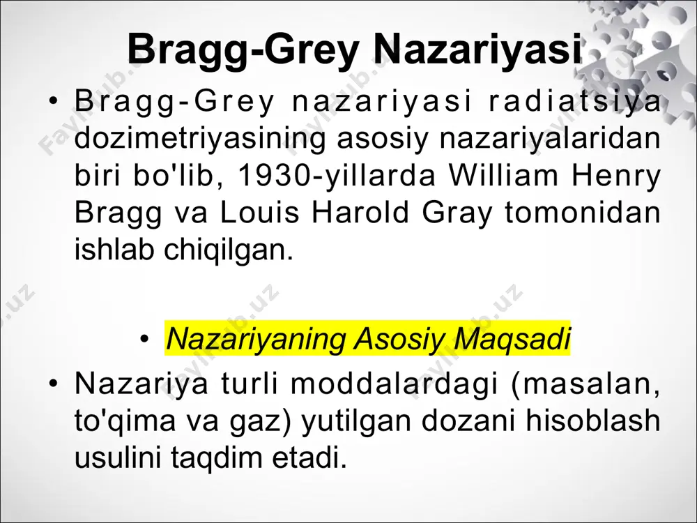 klinik dozimetriya tizimlarini kalibrlash ionizatsiyalash kameralari orqali doza o'lchash dto'qima = m × n × (l/ρ) × p • m - o'lchangan zaryad • n - kalibrlash koeffitsienti • l/ρ - stoppin quvvatlar nisbati • p - tuzatish faktorlari havo bilan to'ldirilgan ionizatsiya kameralari kilovoltajli rentgen nurlarida bragg-grey bo'shliqlari sifatida ishlaydimi? yo'q, havo bilan to'ldirilgan ionizatsiya kameralari odatda kilovoltaj (kv) rentgen nurlarida ideal bragg-grey bo'shliqlari sifatida ishlamaydi. sabablari: 1. bragg-grey shartlari ionizatsiya kamerasi bragg-grey bo'shlig'i sifatida ishlashi uchun: •bo'shliq hajmi ikkinchi darajali zaryadlangan zarralar masofasiga nisbatan kichik bo'lishi kerak •zaryadlangan zarralar asosan bo'shliqdan o'tib, foton o'zaro ta'siridan emas kilovoltaj energiyalarida muammo • kv diapazonida (50-300 kv) asosiy o'zaro ta'sir fotoelektrik yutilish • elektronlarning masofasi juda qisqa (μm dan mm gacha) • havo bo'shliqlari odatda bu masofalarga nisbatan katta • ionizatsiyaning katta qismi havoning o'zidagi foton o'zaro ta'siridan kelib chiqadi rasmda odatda bragg egri chizig'i sifatida tanilgan. bu erda e'tiborga olish …