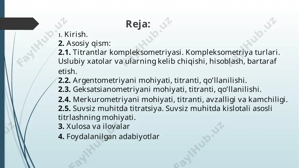 5 va 0,01 mol / l, shuningdek, magniy sulfat yoki ruxning standart eritmalari.titril eritma - trilon b - na2h2y · 2h2o aniqlik bilan tayyorlanadi va keyinchalik magniy sulfati yoki rux sulfatining standart eritmasi bilan standartlashtiriladi trilon b(edta) - dihidrat s10n14n2na2o6 · 2h2o (molekulyar og’irligi 372.24) edtuk disodiy tuzi - oq kristall kukun, suvda eruvchanligi 22 ° c da 108 g / l. havoda turg’un, 0,05 mol / l trilon b eritmasini tayyorlash uchun ushbu tuzning 18,8 g 1000 ml hajmli flakonda suvda eritiladi va flakonning hajmi suv bilan belgilanadi. eritma suziladi va keyin standartlashtiriladi sink sulfat uchun standartlanganda 3,27 g (aniq tortilgan) sink metall 40 ml suyultirilgan sulfat kislotada 1000 ml hajmli flakonda eritiladi. bunday holda reaktsiya davom etadi: 2.2. argentometriyani mohiyati, titranti, qo’llanilishi. argentometrik titrlash. usulning mohiyati. aniqlanuvchi moddani agno3 ning titrlangan eritmasi bilan cho’ktirishga asoslangan.usul asosida quyidagi reaksiya yotadi: ag+ + x- ag x bu erda x- = …