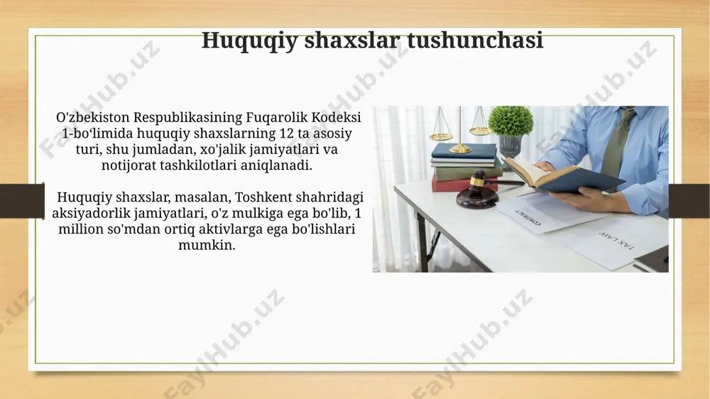 filiallarining aktivlari ham. huquqiy shaxslarning mulkiy javobgarligi, samarqand viloyatida ro‘yxatdan o‘tgan korxonalar misolida, kredit beruvchilarning manfaatlarini himoya qilish uchun sud orqali amalga oshiriladi va 30 kun ichida hal qilinishi mumkin. davlat huquqiy shaxslari davlat huquqiy shaxslari, jumladan, samarqand viloyatidagi davlat universitetlari, o‘z faoliyatlari uchun zarur bo‘lgan huquqiy normalarni 2023-yilgi qonun hujjatlarida topishlari mumkin. davlat huquqiy shaxslari, o‘zbekiston respublikasining 1998-yilgi “davlat mulki to‘g‘risida”gi qonuniga asosan, o‘z faoliyatini davlatning manfaatlarini himoya qilishga qaratgan holda amalga oshiradi va byudjet mablag‘laridan foydalanishi mumkin. huquqiy shaxslarning mulki huquqiy shaxs mulkining davlat tomonidan majburiy egallashi faqat konstitutsiyaga va qonunga muvofiq, tegishli kompensatsiya bilan amalga oshirilishi mumkin, bu esa o‘zbekiston respublikasining 2019-yilgi byudjetida 15 milliard so‘mni tashkil etgan. 2000-yildan keyin o‘zbekistonda huquqiy shaxslarning mulkiy huquqlari 3 ta asosiy kodeks – fuqarolik kodeksi, yer kodeksi va korxonalar to‘g‘risidagi qonun bilan tartibga solinadi, bu esa 100 dan ortiq moddalarni o'z ichiga oladi. huquqiy shaxslar va fuqarolar fuqarolar, jismoniy shaxslar …