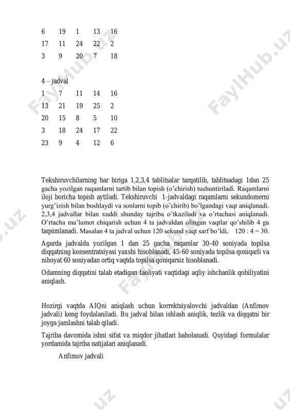 45-60 soniyada topilsa qoniqarli va nihoyat 60 soniyadan ortiq vaqtda topilsa qoniqarsiz hisoblanadi. odamning diqqatini talab etadigan faoliyati vaqtidagi aqliy ishchanlik qobiliyatini aniqlash. hozirgi vaqtda aiqni aniqlash uchun korrektsiyalovchi jadvaldan (anfimov jadvali) keng foydalaniladi. bu jadval bilan ishlash aniqlik, tezlik va diqqatni bir joyga jamlashni talab qiladi. tajriba davomida ishni sifat va miqdor jihatlari baholanadi. quyidagi formulalar yordamida tajriba natijalari aniqlanadi. anfimov jadvali s x a v s x e v i x n a i s n x v k s n a i s v x v e n a i s k e v i x n v s n a v s a v s n a e k e a x v k e s v s n a i s a i s n a i n x i s x v x e k v x i v x e i s i …