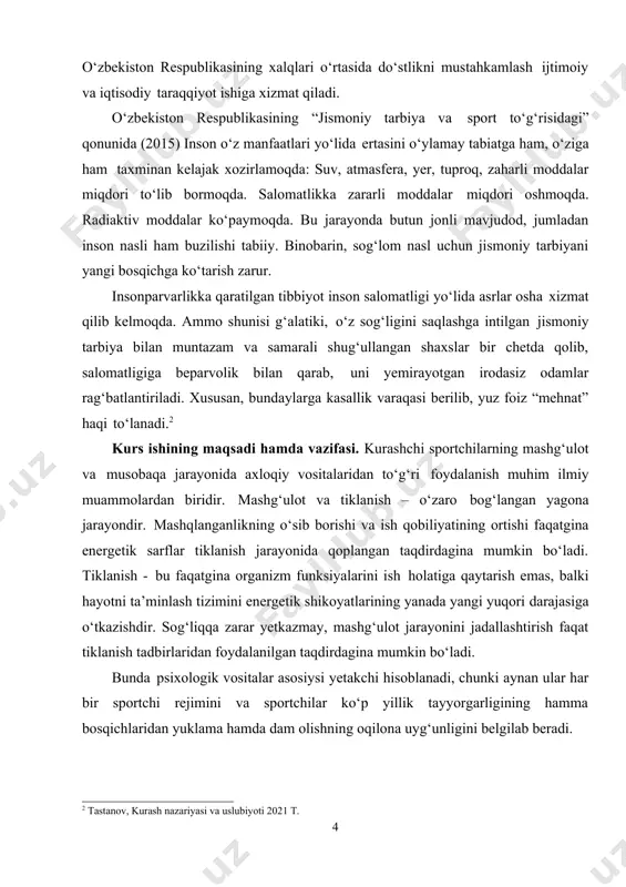 bu faqatgina organizm funksiyalarini ish holatiga qaytarish emas, balki hayotni ta’minlash tizimini energetik shikoyatlarining yanada yangi yuqori darajasiga o‘tkazishdir. sog‘liqqa zarar yetkazmay, mashg‘ulot jarayonini jadallashtirish faqat tiklanish tadbirlaridan foydalanilgan taqdirdagina mumkin bo‘ladi. bunda psixologik vositalar asosiysi yetakchi hisoblanadi, chunki aynan ular har bir sportchi rejimini va sportchilar ko‘p yillik tayyorgarligining hamma bosqichlaridan yuklama hamda dam olishning oqilona uyg‘unligini belgilab beradi. 2 tastanov, kurash nazariyasi va uslubiyoti 2021 t. i bob. kurash sport turining paydo bo’lishi va rivojlanishi tahlili 1.1 kurash sport turning kelib chiqishi va rivojlanishi kurash — sport turi, belgilangan qoidaga muvofiq ikki sportchining yakkama- yakka olishuvi. kurashish sanʼati koʻp xalqlarda qadim zamonlardan buyon maʼlum. kurash ayniqsa yunonistonda keng tarqalib, qadimgi olimpiada musobaqalaridan doimiy oʻrin olib kelgan. milliy kurashning xilma-xil koʻrinishlari gretsiya, italiya, yaponiya, turkiya, eron, afgʻoniston, rossiya, oʻzbekiston, gruziya, armaniston, ozarbayjon, qozogʻiston va boshqa mamlakatlarda mavjud. zamonaviy sport kurashining asosiy qoidalari xviii asr oxiri — xix asr boshlarida …