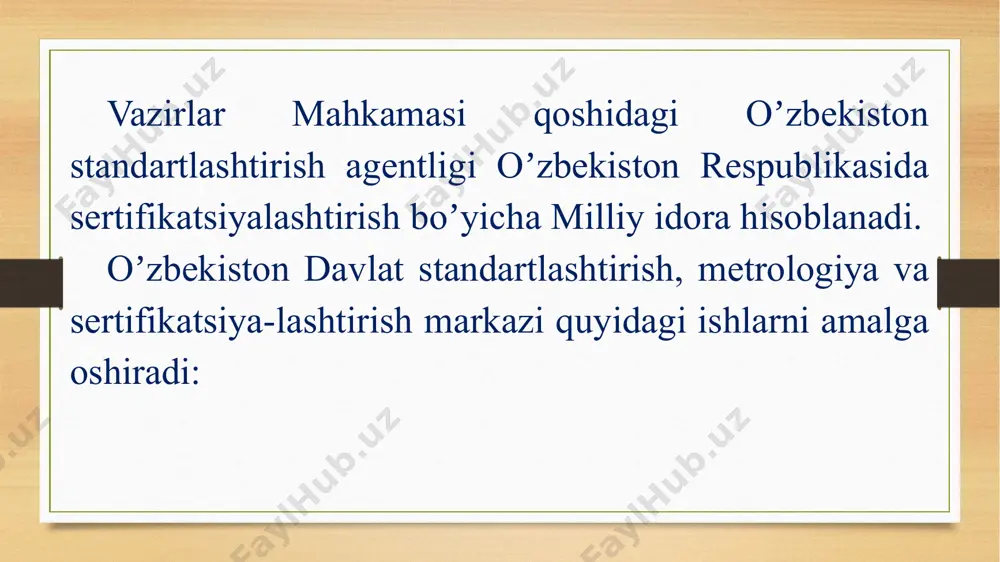 boʼlib, davlat byudjeti, hamda xizmat haqi hisoblanadi. 2. mahsulot birligini sertifikatsiyalashtirish boʼyicha akkreditlangan idoralar: - birlik mahsulot sertifikatining tizimini yaratadi va uning funktsionalligini taʼminlaydi; - sertifikatsiyalashtirish ishlarini tashkil qiladi va oʼtkazadi; - rasmiylashtiradi, milliy yoki xalqaro muvofiqlik sertifikatini beradi; -sertifikatsiyalashtirilgan mahsulotlarni nazorat qilib boradi. sertifikatsiyalashtirishda quyidagi asosiy tushunchalar mavjud: -milliy sertifikatsiyalashtirish tizimi-davlat miqyosida taʼsir etuvchi tizim boʼlib hisoblanadi; -mahsulot sertifikati-belgilangan shartlarga mahsulotning bogʼliqligini tasdiqlash boʼyicha faoliyati; -bogʼliqlik sertifikati-belgilangan shartlarga sertifikatsiyalashgan mahsulotning bogʼliqligini tasdiqlash uchun sertifikatsiyalashtirish tizimi qoidalari boʼyicha berilgan hujjat; -muvofiqlik belgisi-belgilangan tartibda belgining qayd etilishi boʼlib, mahsulot yoki hujjat xizmatga markirovka qilinadi, yaʼni ushbu mahsulot yoki xizmat turi aniq standart yoki boshqa meʼyoriy hujjatlarga bogʼliq boʼladi; -bittalik mahsulotni sertifikatsiyalashtirish tizimi - sertifikatsiyalashtirish tizimi boʼlib, belgilangan mahsulot, ish yoki xizmatga tegishli boʼlib, shu yoʼsindagi aniq standart va qoidalarda qoʼllaniladi; -sinov laboratoriyasini akkreditlashtirish-sinov laboratoriyasining maʼlum sinovlar yoki sinovlarning maʼlum turlarini amalga oshirishni rasmiy jihatdan tan olish; -sifat boʼyicha ekspert-auditorlar-sertifikatsiyalashtirish sohasida muassasa …