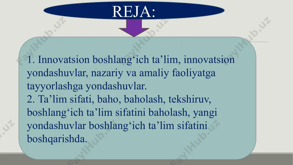 n foydalaniladi: - joriy nazorat; - oraliq nazorat; - yakuniy nazorat. joriy nazorat o’qituvchi tomonidan o’quvchilarning har bir o’quv ishini muntazam nazorat qilishni hamda ularning o’rganilgan mavzularni o’zlashtirish bo’yicha bilim, ko’nikma va malakalari darajasini tekshirishni o’z ichiga oladi. oraliq nazorat – bu o’quvchilar tomonidan mazkur fanning muayyan bob yoki bo’limlarining o’zlashtirilganini tekshirish. oraliq nazoratni o’qituvchi dars jadvali asosida darsda o’quv materialining o’ziga xos xususiyatini hisobga olgan holda o’tkazadi. oraliq nazorat o’tkazishdan oldin o’quvchilar ogohlantiriladi. yakuniy nazorat – choraklik, yarim yillik, yillik va davlat attestatsiyasi sinovlari singari turlarga bo’linadi. yakuniy nazorat og’zaki, yozma, test hamda amaliy topshiriqlarni bajarish metodlari asosida o’tkaziladi. nazoratning shakli o’quv ishini tashkil etish shakliga bog’liq bo’ladi. o’qituvchi uni mavzudan kelib chiqib tanlaydi. nazoratning asosiy besh shakli mavjud: 1. nazoratning ommaviy (frontal) shakli. 2. nazoratning guruhli shakli. 3. nazoratning individual shaklidan. 4. nazoratning kombinatsiyalangan (biriktirilgan)shakli. 5. o’z-o’zini nazorat qilish shakli o‘quvchilarning o‘quv faoliyatini nazorat qilish metodlari quyidagilar: og‘zaki …