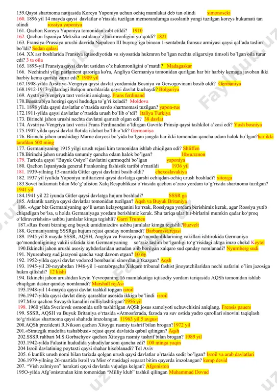13-sulola nechinchi yillarda hukmronlik qilgan? 1789-1645 68.qadimgi qaysi asarning arabcha tarjimasi “kalila va dimna” deb ataladi? panchatatra 69. «karfagenni vayron qilish kerak» jumlasi kimga tegishli ? mark katon 70. miloddan avvalgi 31-yilda oktavian va antoniy o’rtasidagi jang qayerda bo’lib o’tmoqda? yunoniston ģarbidagi aksiy burni 71.xristian dini qaysi rim hukmdori davrida davlat dini deb e’lon qilindi? konstantin 72.vestgotlar qirolligi qayerda tashkil topgan? ispaniya 73. g’arbiy rim imperiyasi qachon quladi?l 74.tarix fanida o’rta asrlar tushunchasi nechinchi asrga kelib uzil kesil qaror topgan 18 asrda 75.miloddan avvalgi vi-iii asrlarda g’arbiy germaniya va fransiya hududlarida yashagan qabilani aniqlang galliyaliklar 76.fransiyaning turli hududlarida ix asr oxirida qancha tanga pullar zarb qilinar edi? 200 dan ortiq 77.qachonga kelib fransiyaning butun hududini nafaqat juda ham katta yoki birmuncha yirik gersoglik va grafliklarga, balki son-sanoqsiz mayda va juda ham kichik feodal mulklarga bo’linib ketishi sodir bo’ladi?10-11 asrlar 78.o’rta asrlarda qaysi davlatda “talya” nomli soliq joriy etilgan?fransiyada 79. o’rta …