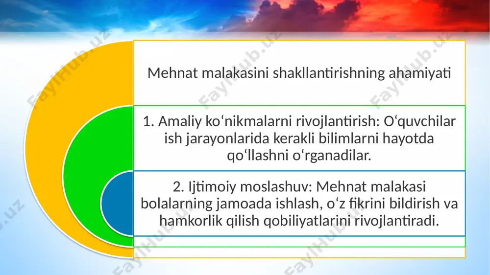 ng bajarilgan ishlarini tekshirib, ularga baho beradi va xatolarini to‘g‘irlashga yordam beradi. 5. ijodkorlikni rivojlantirish: • o‘quvchilarning mehnat jarayoniga ijodiy yondashuvini shakllantirish. • masalan, tayyor mahsulotni yaxshilash yoki bezak berish. mehnat malakasini shakllantirish usullari 1. ko‘rgazmali usul: ishlab chiqarish jarayonlarini ko‘rsatish, diagramma va chizmalar orqali tushuntirish. 2. amaliy mashqlar: o‘quvchilarning qo‘llari bilan ishlash ko‘nikmalarini rivojlantirish. 3. jamoaviy ish: guruhlarda loyihalar bajarish orqali o‘zaro yordam va hamkorlikni o‘rgatish. 4. muammoli o‘qitish:o‘quvchilarga muayyan muammoni hal qilish topshirig‘ini berish, masalan, nosoz jihozlarni ta’mirlash. 5. loyihaviy metod:o‘quvchilarni muayyan loyiha ustida ishlashga jalb etish, masalan, oddiy mebel modeli yaratish. tarbiyaviy ahamiyati 1. mehnatsevarlikni rivojlantirish:mehnat jarayoni o‘quvchilarda intizom va mehnatga bo‘lgan sevgi hissini shakllantiradi. 2. jamoaviylik:birgalikda ishlash orqali o‘quvchilar o‘zaro hurmat, sabr-toqat va hamkorlikni o‘rganadilar. 3. ijodiy yondashuv: amaliy ishlar ijodiy yondashuvni rivojlantiradi va estetik tuyg‘uni oshiradi. 4. mas’uliyat va intizom: mehnat jarayonlari orqali o‘quvchilar o‘z harakatlari uchun javobgarlikni his qiladi. xulosa o‘quvchilarning mehnat malakasini shakllantirish …