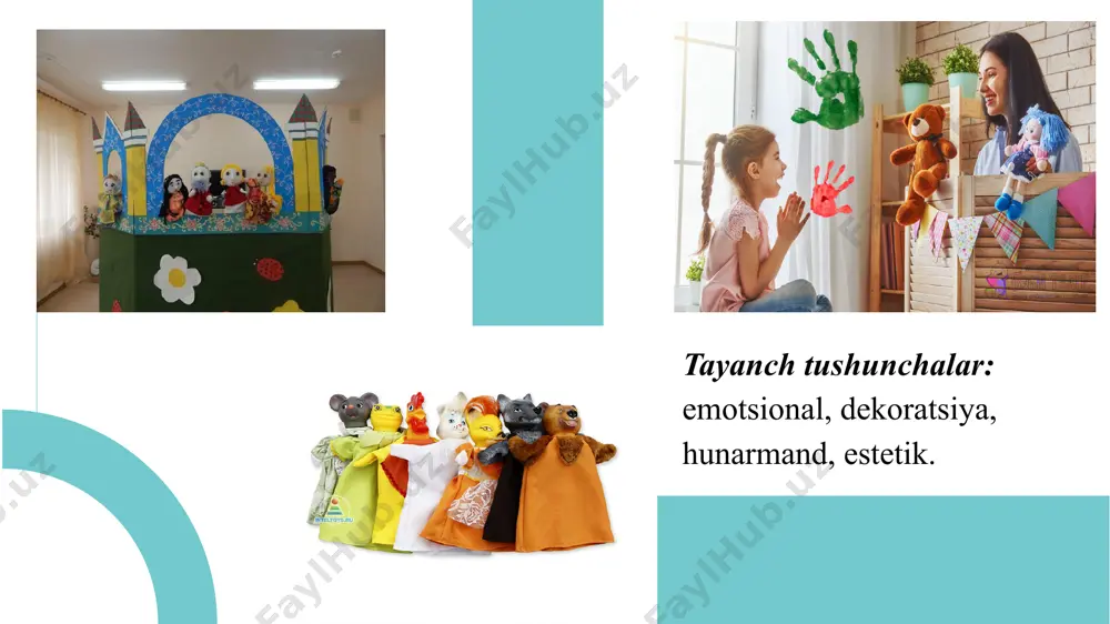 a munosabat bildirish; –qahramonlarning xatti-harakatlariga ko‘ra “yaxshi” va “yomon” fazilatlarini ko‘ra bilish. maktabgacha ta’lim tashkilotlarida doimiy bir xil ertaklarning ko‘rsatilishi natijasida bolalarda qandaydir qiziqmay qolishlik holatlari aniqlangan. bular: “qizil qalpoqcha”, “bo‘g‘irsoq”, “ajoyib qo‘shiqcha”, “zumrad va qimmat”, “bo‘ri va echki bolalari” kabilar. quyida “o‘zbek xalq ertaklari”, “rus xalq ertaklari”dan ham keng foydalanilgan holda maktabgacha yoshdagi bolalarning ijodiy qobiliyatlarini shakllantirishga imkon yaratuvchi ertaklar keltirib o‘tilgan: 1. kichik (3–4) yoshdagi bolalar uchun: “fil bilan xo‘roz” (xalq ertagi). “bo‘ri bilan echki” (xalq ertagi). “nasibaning olmasi” (sh.sa’dulla). 2. o‘rta (4–5) yoshdagi bolalar uchun: “quyonjon va laylakvoy” (xalq ertagi). “aqlli qarg‘a” (xalq ertagi). 3. katta yoshdagi (5-6) bolalar uchun: “qarg‘aboy” (xalq ertagi). “ur to‘qmoq” (xalq ertagi) 4. maktabga tayyorlov (6–7) yoshdagi bolalar uchun: “egri va to‘g‘ri” (xalq ertagi). “yolg‘on do‘st” (a.avloniy). tarbiyalanuvchilarni qo‘g‘irchoq yasashga o‘rgatishda quyidagilar muhim o‘rin tutadi: – yasalayotgan qo‘g‘irchoq turi va uning o‘ziga xosligi haqida dastlab og‘zaki tushuncha berish; – kerakli jihozlar, ulardan …