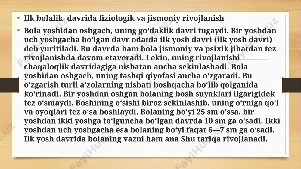 kun tartibi, bola yeydigan ovqat- ning turlari, ayniqsa ovqatning miqdori, sifati va irsiy xususiyat­lar bola bo‘yi hamda vaznining o‘zgarishiga katta ta’sir qiladi. ilk yosh davridagi bolalar suyaklarining rivojlanishida ham jid- diy o‘zgarishlar yuz beradi. bu yoshdagi bolalarda tog‘aysimon suyaklarning o‘sishi va qotishi tezroq davom etadi. umurtqa suyaklari borgan sari mustahkamlanib, suyaklanish (qotish) ja­rayoni tezlashadi. umurtqa suyaklarining bunday o‘zgarishi bola yo’rganda, yugo’rganda va murakkab sakrash harakatlarini bajarganda gavda og‘irligini ko‘tarish imkonini beradi. biroq ilk yoshdagi bolalar umurtqa suyaklari hali juda ojiz va elastik bo‘ladi. to‘g‘ri o‘tirmaslik, tekis qilib solinmagan o‘rinda yotish natijasida bolaning umurtqa suyaklari qiyshayib o‘sishi mumkin. bosh suyagining tutashmagan joyi, ya’ni kalla liqildoqlari bitib ketib, ensa va tepa qismlari o‘sadi. bolaning dastlabki sut tishlari chiqib, jag‘i avvalgiga nisbatan aktiv ishlay boshlaydi. bir yoshga to‘lgan bolaning harakatchanligi ortib borgan sa­ri uning ichki organlari faoliyatida ham muhim o‘zgarishlar yu­zaga keladi. ma’lumki, har qanday harakat qon aylanishi bi­lan nafas olishning aktiv ishlashini …