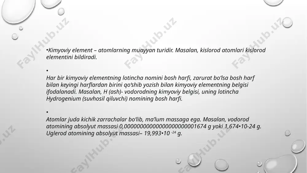 g’al va noaniq edi, lekin shunga qaramasdan xaligacha o’z kuchini yo’qotmay kelmokda. 1829 yilda debereyner uchta-uchta elementdan iborat o'xshash elementlarning gruppalarini tuzdi va ularni "triadalar" deb atadi. xar qaysi triadada o’rtadagi elementning atom og'irligi ikki chetdagi elementlarning atom og'irliklari yig’indisining 2 ga bo’linganiga teng. o’sha vaqtda ma'lum bo'lgan elementlardan faqat yettita triada tuzish mumkin bo'ldi. fransuz olimi de shankurtua 1863- yilda elementlar sistemasini tuzish uchun silindr o’qiga nisbatan 45° burchak bo’ylab silindr sirtiga spiral chiziqlar chizdi. xar ikki spiral orasini 16 bulakka bo'ldi. spiral chiziqlarga barcha elementlarni ularning atom og'irliklari ortib borish tartibida joylashtirganida, o'zaro o'xshash elementlarning atom og'irliklari orasidagi ayirma 16, 32, 48.. ga teng bo'lishi aniqlandi. ingliz olimi nyulends 1863 yilda o'zining oktavalar qonunini kashf etdi. u elementlarni ularning atom og'irliklari ortib borish tartibida bir qatorga joylashtirganda, xar qaysi sakkizinchi element uz xossalari bilan birinchi elementga o'xshash bo'lishini kurdi.bu tartib muzika notasidagi gammalar kabi takrorlandi. nemis olimi lotar …