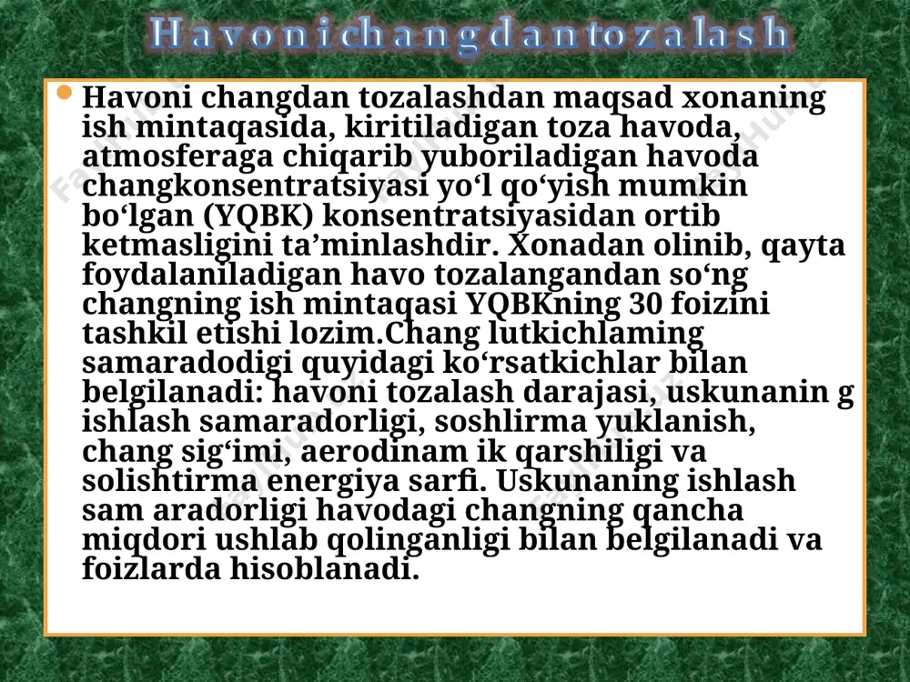 rgan kalta tola va chang qatlam ining ortishi bilan filtrning qarshiligi o rta boradi va havo oqimining harakat maromi sezilarli ravishda o ‘zgaradi. m atoli filtrlarning ikki turi: ramali va yengsim on xillari b o ‘ladi. ramali f iltrla r 1000x1450 m m o‘lchamli metall ramalarga mahkamlangan mato bo‘laklaridan iborat. ular, odatda, bo‘yiga ikki qavat qilib, havo oqimiga nisbatan ilonsimon (zigzag) tarzda joylashtiriladi. bunday filtrlar konditsionerlardahavonimo‘tadillash qurilmalarida ishlatiladi. yengli f iltrlar bir uchi berk , balandligi 2 - 3 m bo‘lgan silindrsimon yoki konussimon mato yenglar guruhidan tashkil topadi. changli havo filtrlarga kiritiladi va bu yerda yenglarga taqsimlanadi. bu yerda u mato orqali tozalanib o‘tadi, chang esa yenglarning ichki sirtida ushlanib qoladi yengsimon filtrlar har 3—4 soatda pnevmatik ravishda tozalab turiladi va yenglardan chang tushirish uchun maxsus titratuvchi mexanizm orqali bajariladi va yig‘ilgan chang bunkerga tushadi. bir metr matoga to‘g‘ri keladigan havo hajmi 150-5-200mvsoatni, uning qarshiligi esa 400 pani tashkil …